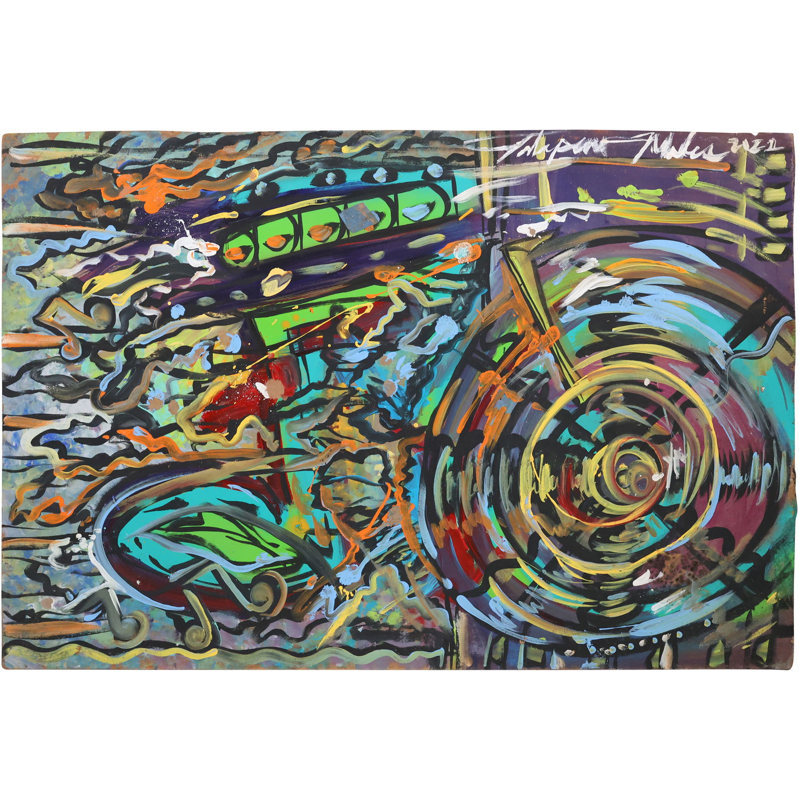 Abstract Oil on Board Painting "Nuclear Maze" Artist Signed Illegible: Abstract Oil on Board Painting "Nuclear Maze" Artist Signed Illegible. Size: 25 x 35