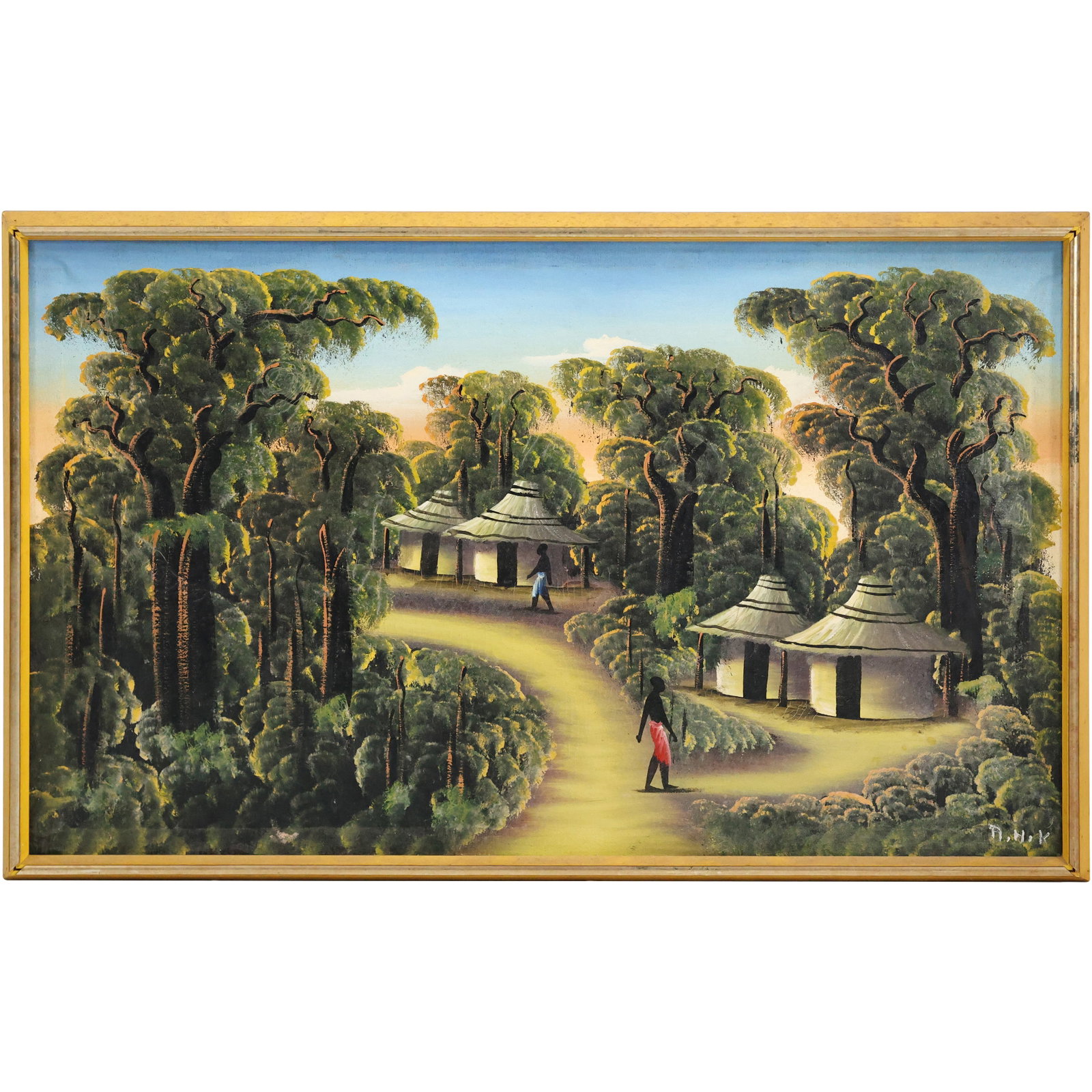 Signed A Hik, Oil on Canvas Painting, Haitian Village with Huts and Figures, Framed: Signed A Hik, Oil on Canvas Painting, Haitian Village with Huts and Figures, Framed. Size:29 x 17.5 outside of frame: 19 x 31