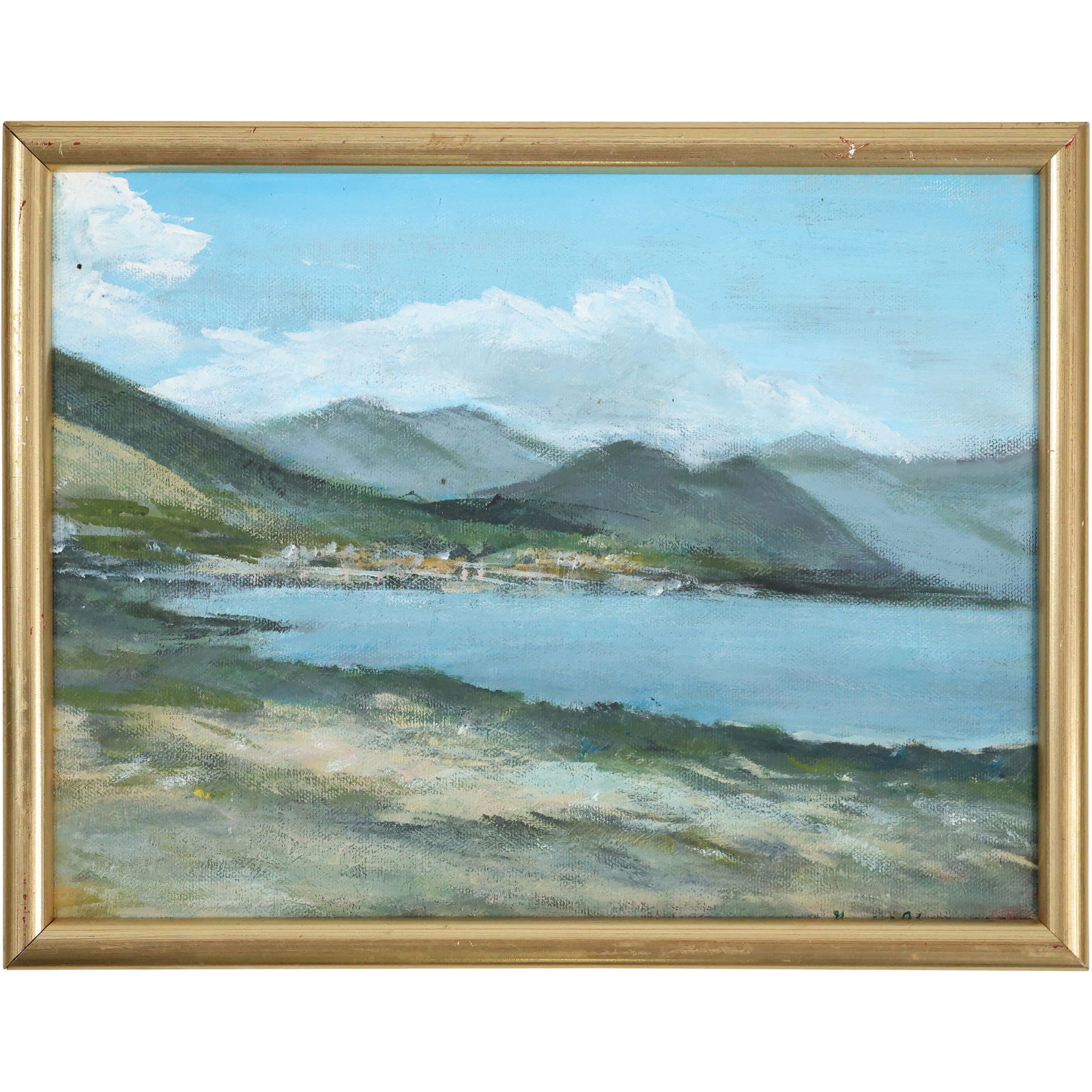 Artist Signed Vintage Oil on Board Painting Valley Lake Scene Landscape (1 of 10)