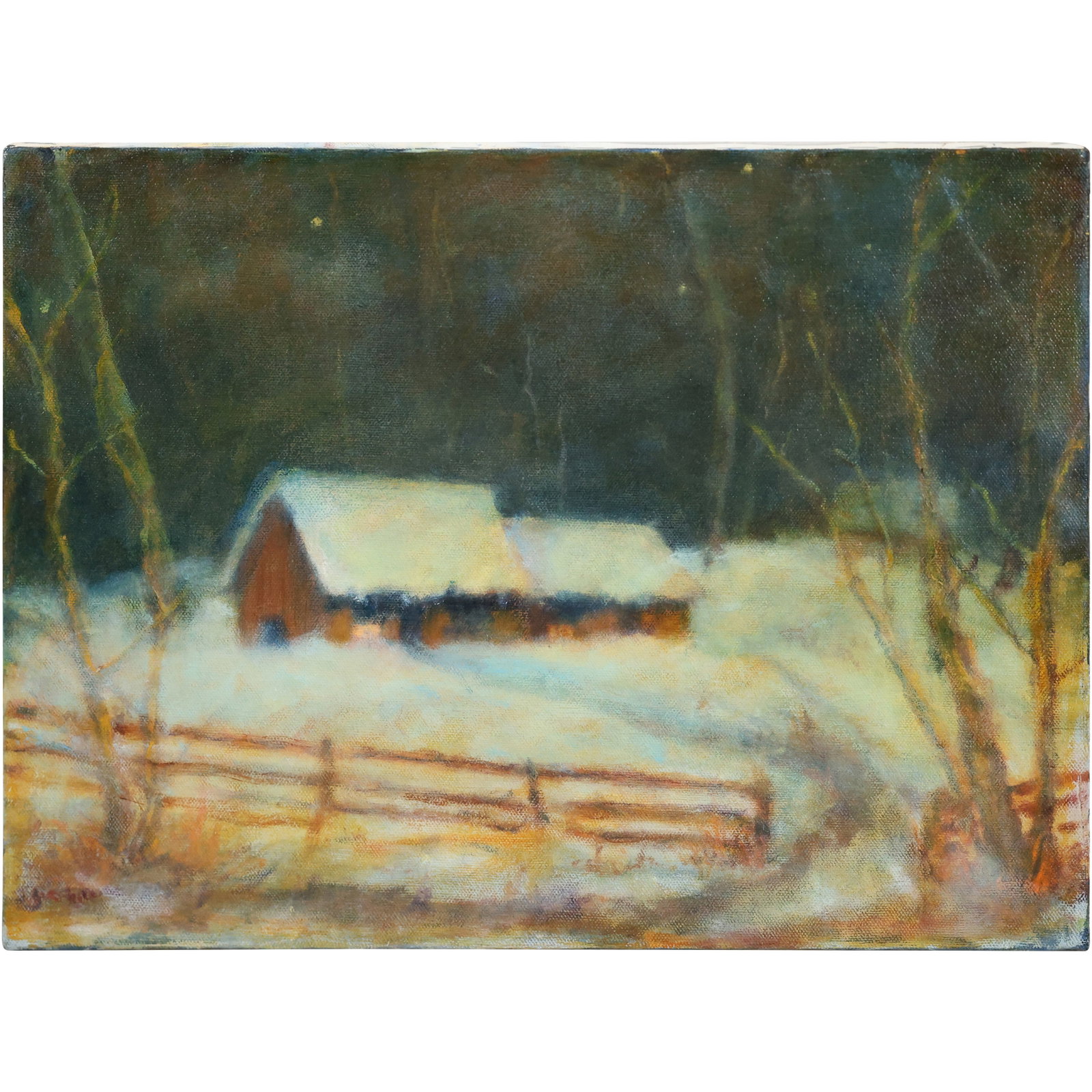 Signed Illegible Vintage Oil on Canvas Painting Winter Landscape with Snow Buried Farmhouse: Signed Illegible Vintage Oil on Canvas Painting Winter Landscape with Snow Buried Farmhouse. Size: 12 x 16