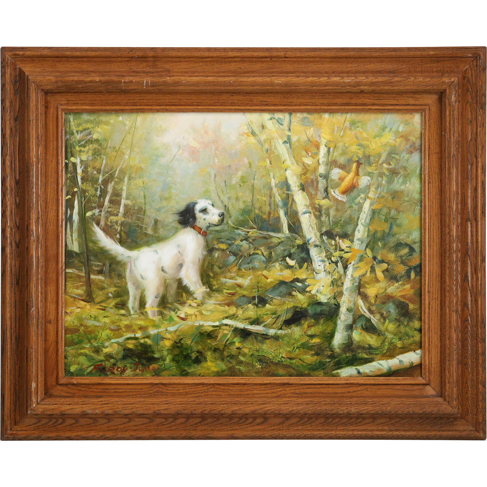Fine 20th C. Oil on Canvas Painting Hunting Dog Chasing Grouse Bird in Woodland Signed Feroy Juan (1 of 9)