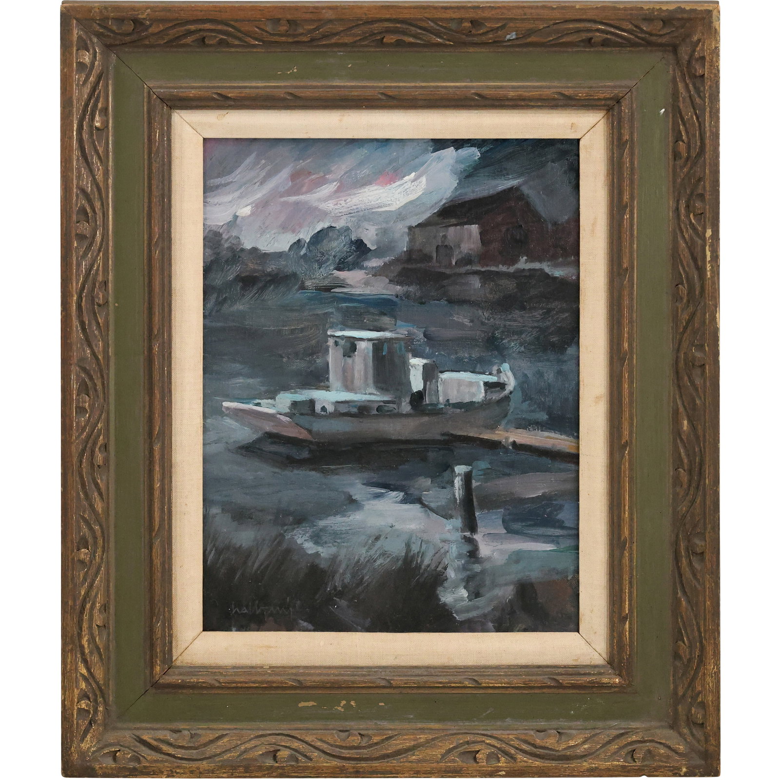 Harold H Berry, NJ Artist, Oil on Board Painting, Chesapeake Bay Moonlight, Original Label (1 of 14)
