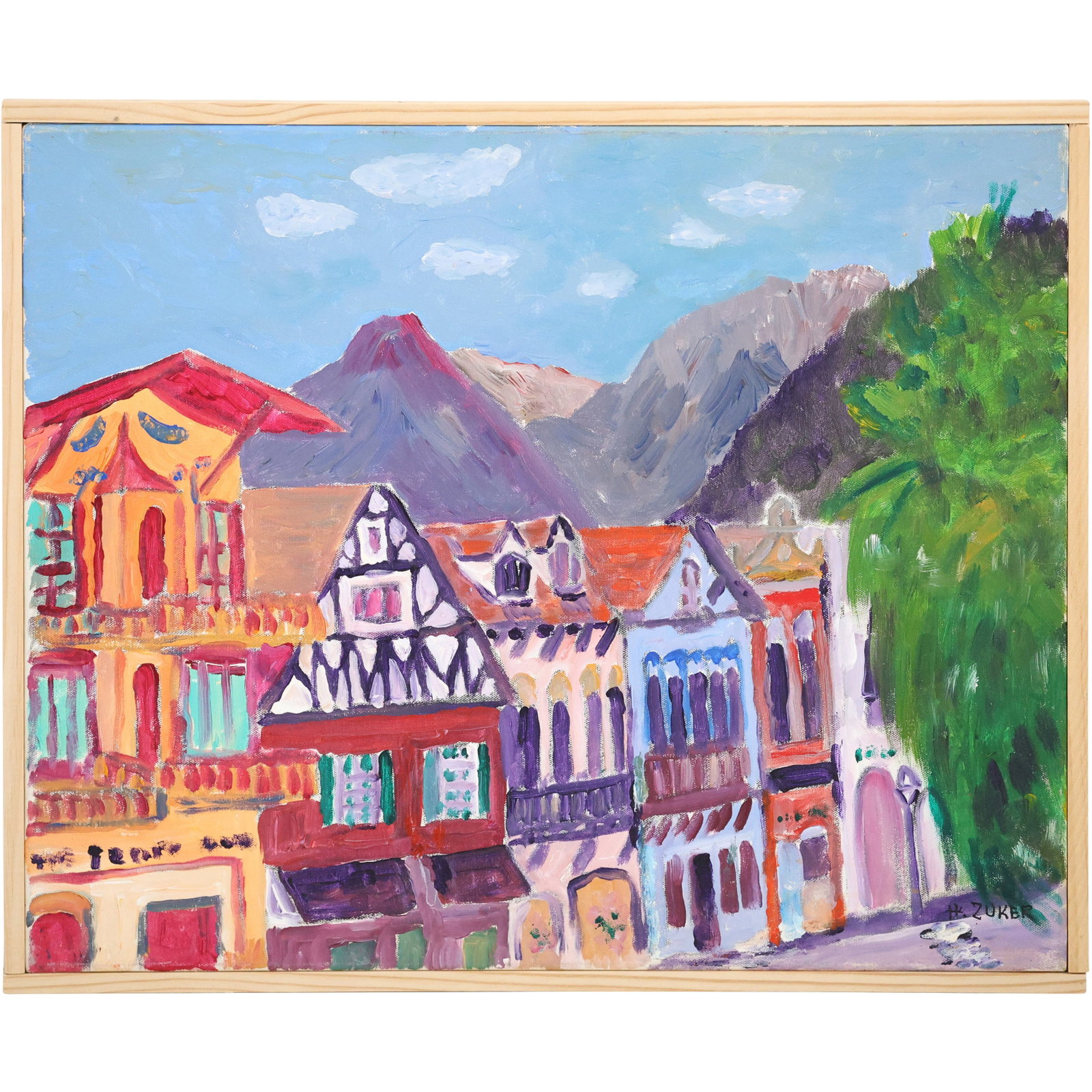 Herman Zuker (1959-) Polish American, "Village Scene" Acrylic on Canvas Painting: Herman Zuker (1959-) Polish American, "Village Scene" Acrylic on Canvas Painting. Circa 1995. Size: 20 x 24