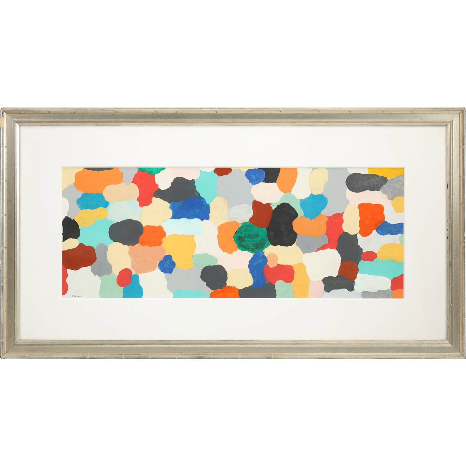 Steven Jennis, American, Oil on Board Painting, Colorful Abstract, Signed, Framed: Steven Jennis, American, Oil on Board Painting, Colorful Abstract, Signed, Framed. Well Listed American Artist, Provenance : Acquired Directly From The Artist. Size: 22 x 9 outside of frame: 30 x 17 .