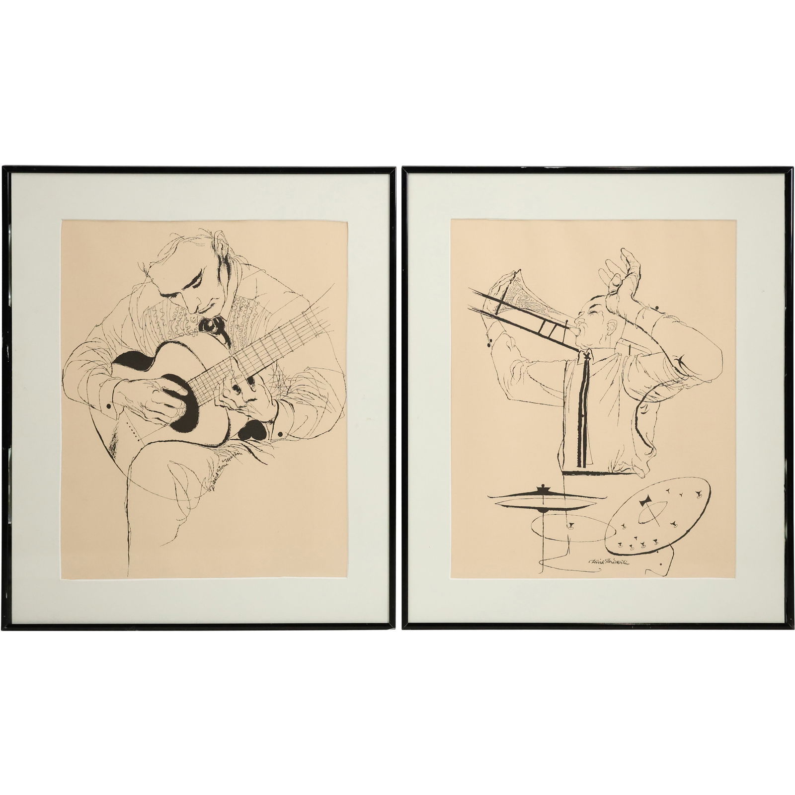 David Stone Martin (American 1913 - 1992), [2] Ink on Paper Framed Guitar Player / Trombone Player (1 of 10)