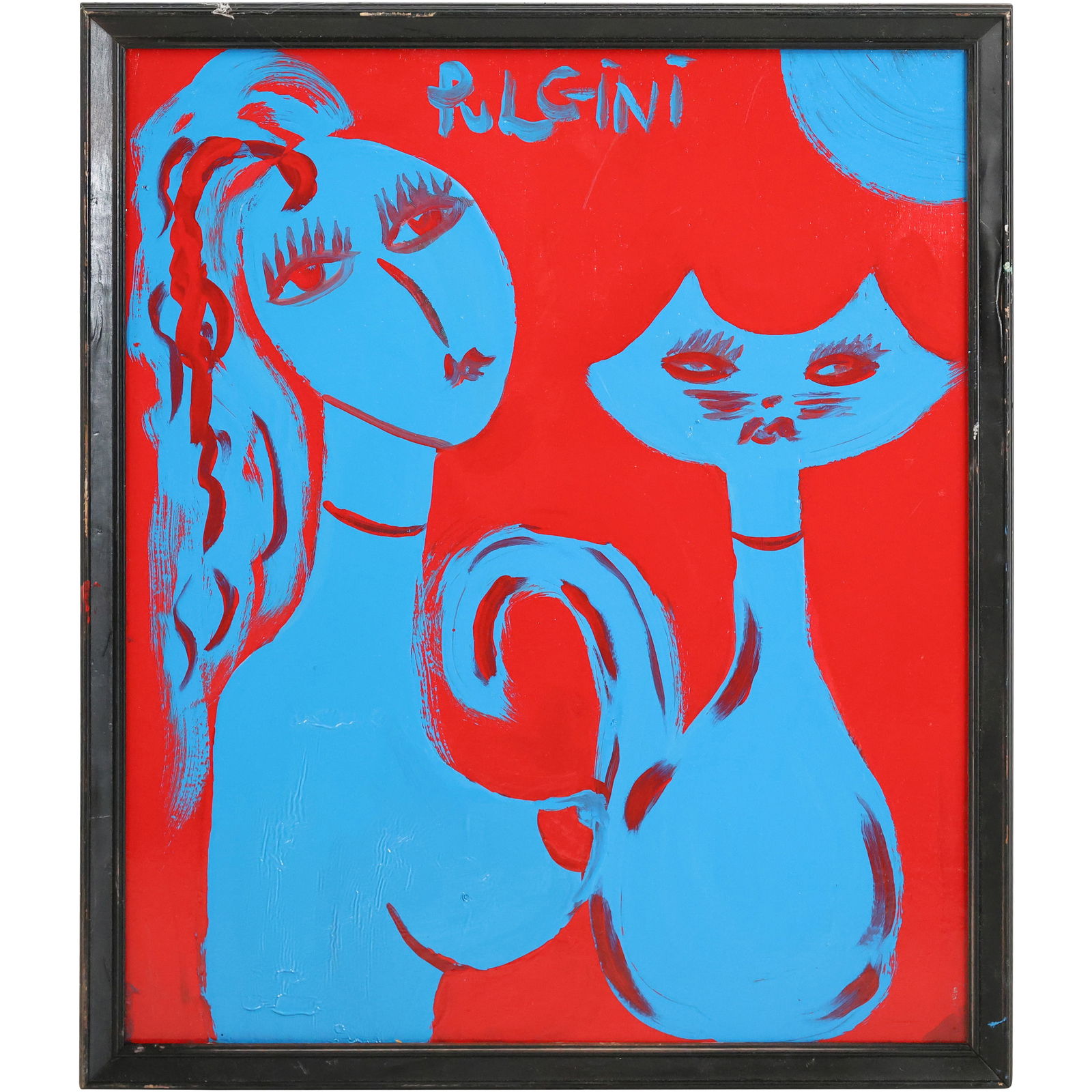Thomas Pulgini, American, Oil on Board Painting BLUE WOMAN WITH CAT, Signed, Framed (1 of 9)