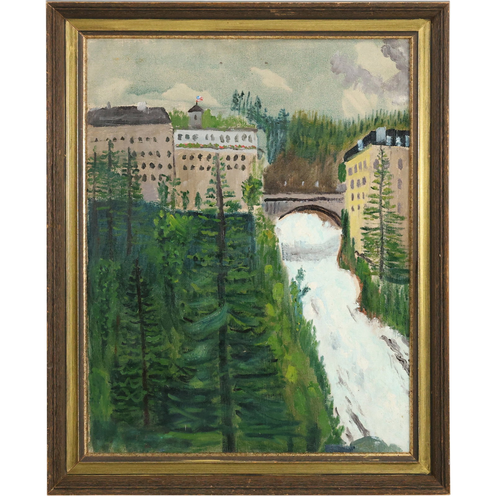 Artist Signed Vintage Oil on Canvas Painting "Water Dam" , Framed: Artist Signed Vintage Oil on Canvas Painting "Water Dam" , Framed. Size: 19.5 x 25 outside of frame: 24 x 30