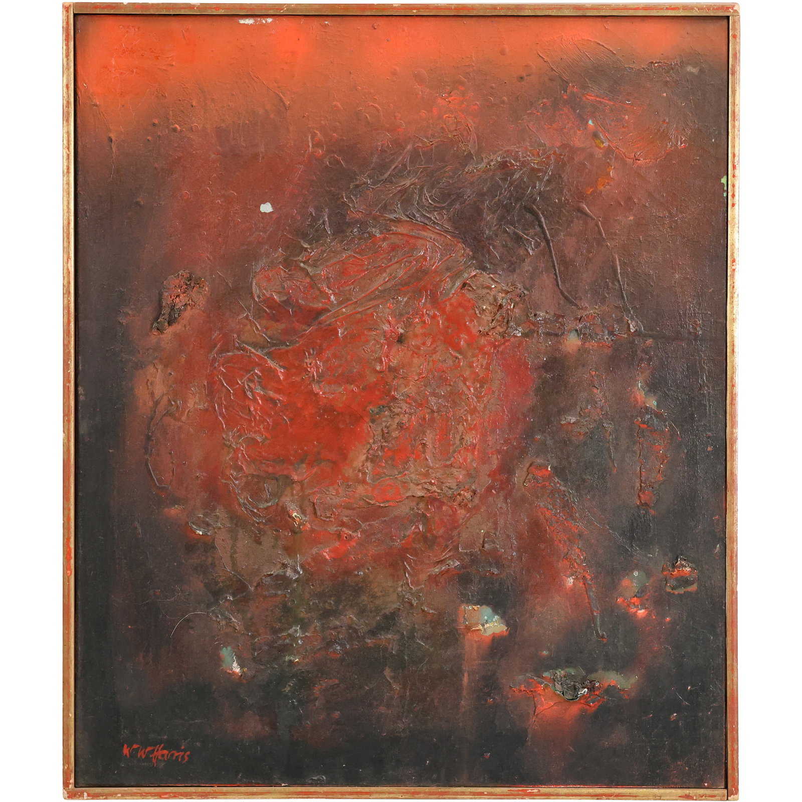 Signed W W HARRIS, Mid-Century Modern Red Abstract Oil on Canvas Painting (1 of 13)