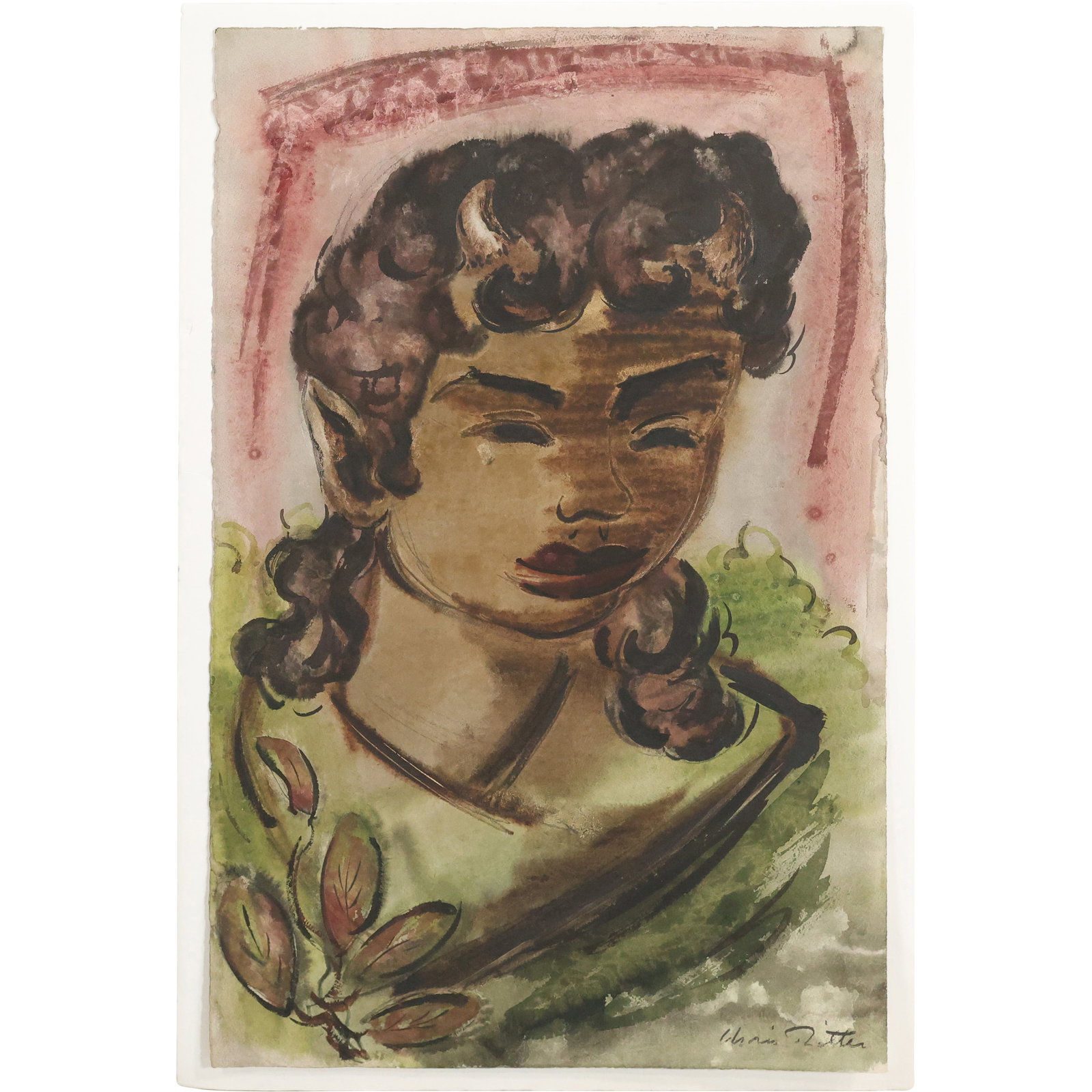 Estate of Jane P Ritter, Ogunquit Maine, Watercolor Painting "Woman Portrait", Estate Stamp (1 of 10)