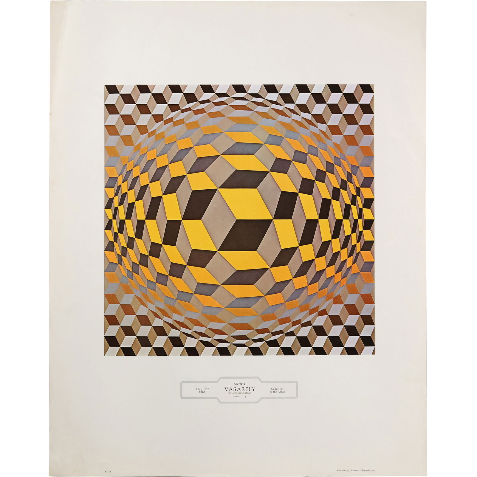 Victor Vasarely, Color Lithograph, OP-ART, "Cheyt-M 1970", 28.5 in. x 22.5 in.: Victor Vasarely, Color Lithograph, OP-ART, "Cheyt-M 1970", 28.5 in. x 22.5 in.. Size: 22.5 x 28.5 Sleeve