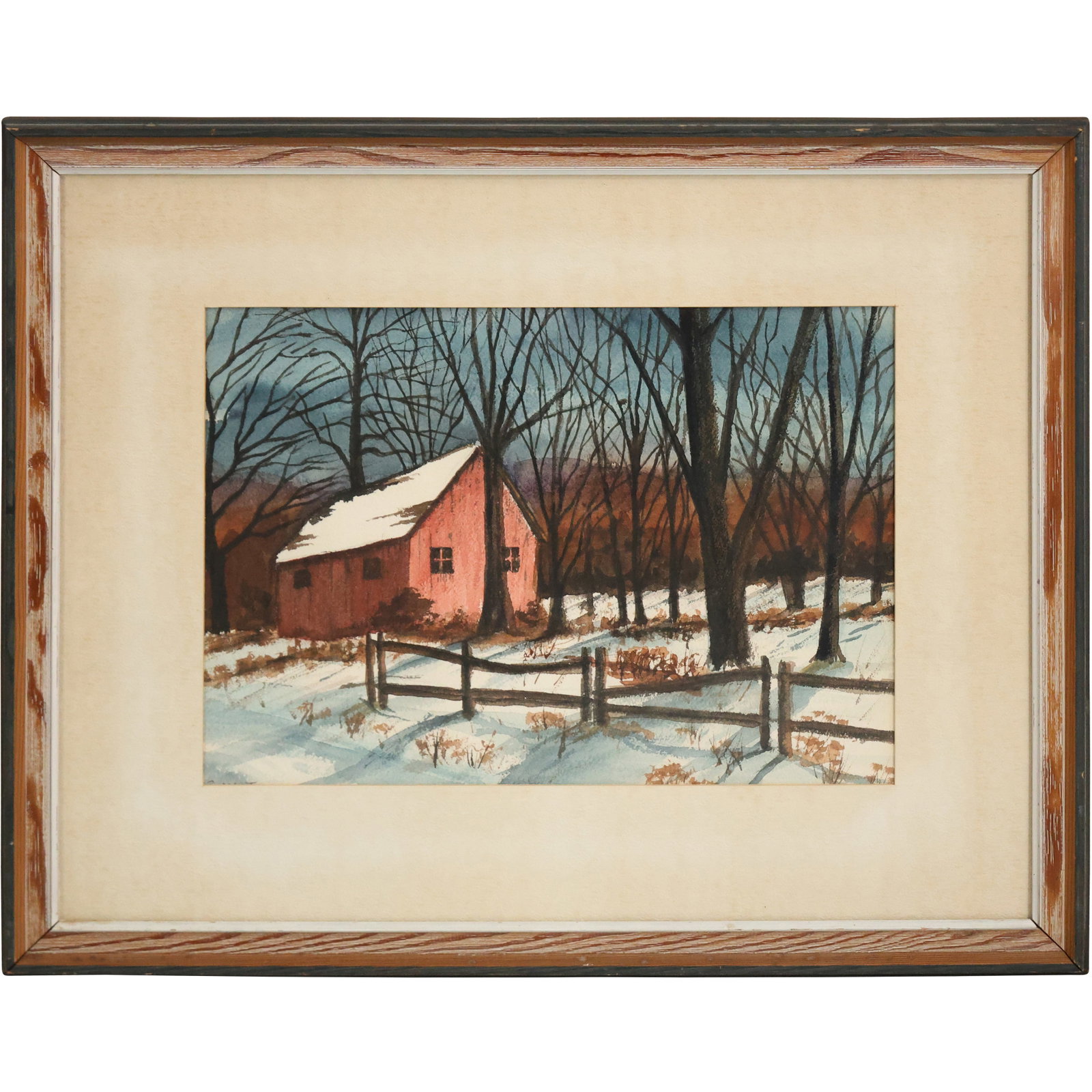 Artist Signed [under mat] Watercolor Painting Rural Barn in Winter, Framed: Artist Signed [under mat] Watercolor Painting Rural Barn in Winter, Framed. Size: 14 x 10 outside of frame: 22 x 18
