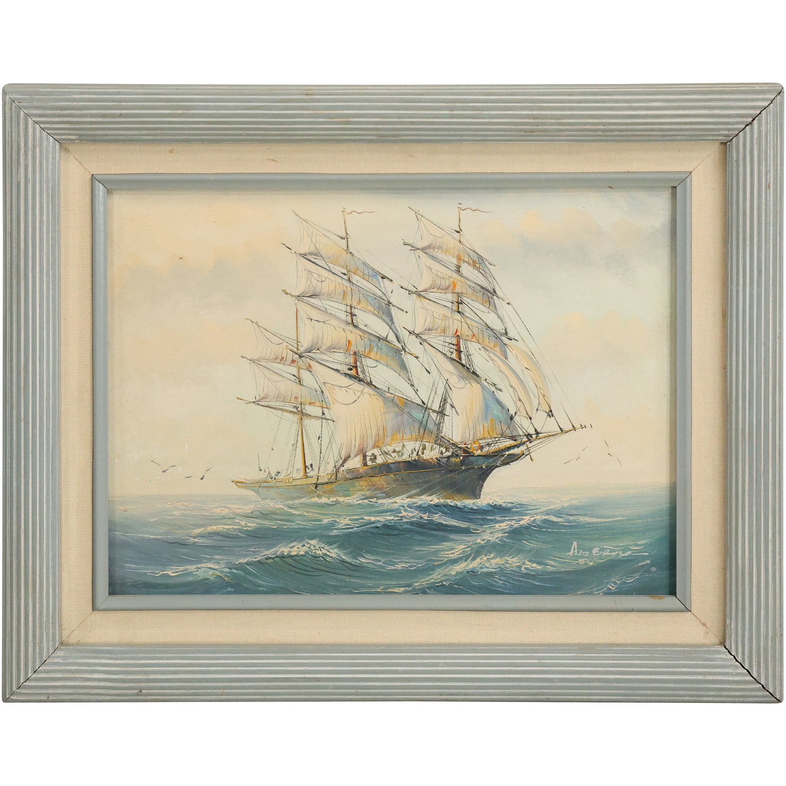 AMBROSE, Oil Painting on Canvas, Full Sail Ship on Seas, Signed, Framed: AMBROSE, Oil Painting on Canvas, Full Sail Ship on Seas, Signed, Framed. Size: 12x16 outside of frame: 17x21