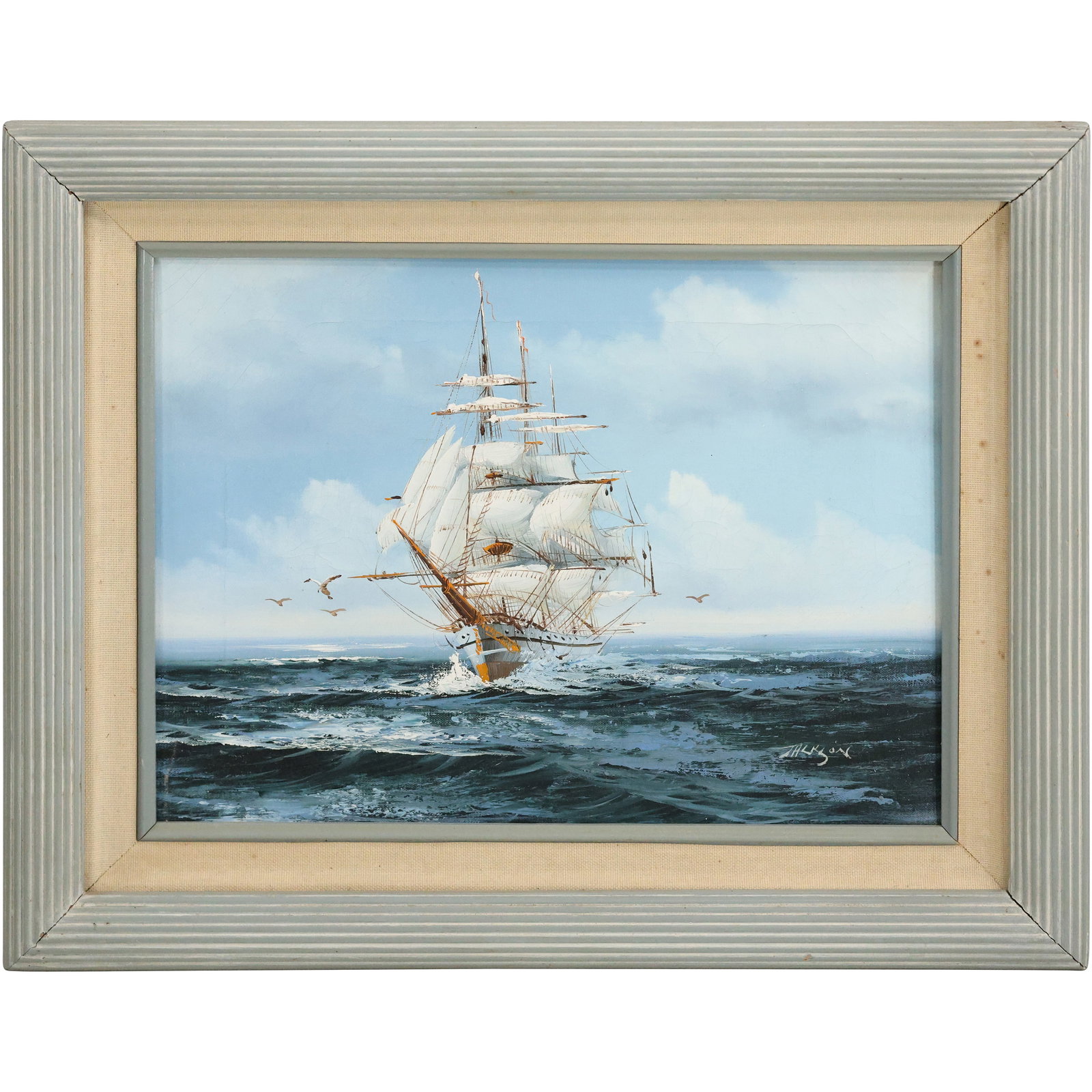 Artist Signed, Oil Painting on Canvas, Full Sail Ship on Seas, Framed: Artist Signed, Oil Painting on Canvas, Full Sail Ship on Seas, . Framed Size: 12x16 outside of frame: 17x21