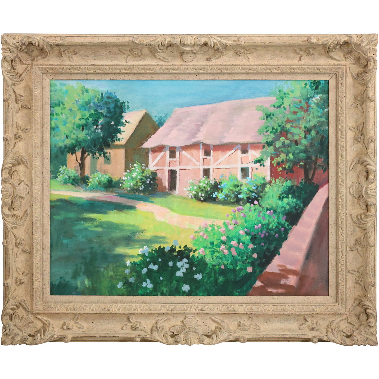 Quality Oil on Canvas Painting, Rural Barn Stable in Groomed Setting, Framed: Quality Oil on Canvas Painting, Rural Barn Stable in Groomed Setting, Framed. Size: 22 x 28 outside of frame: 30 x 36