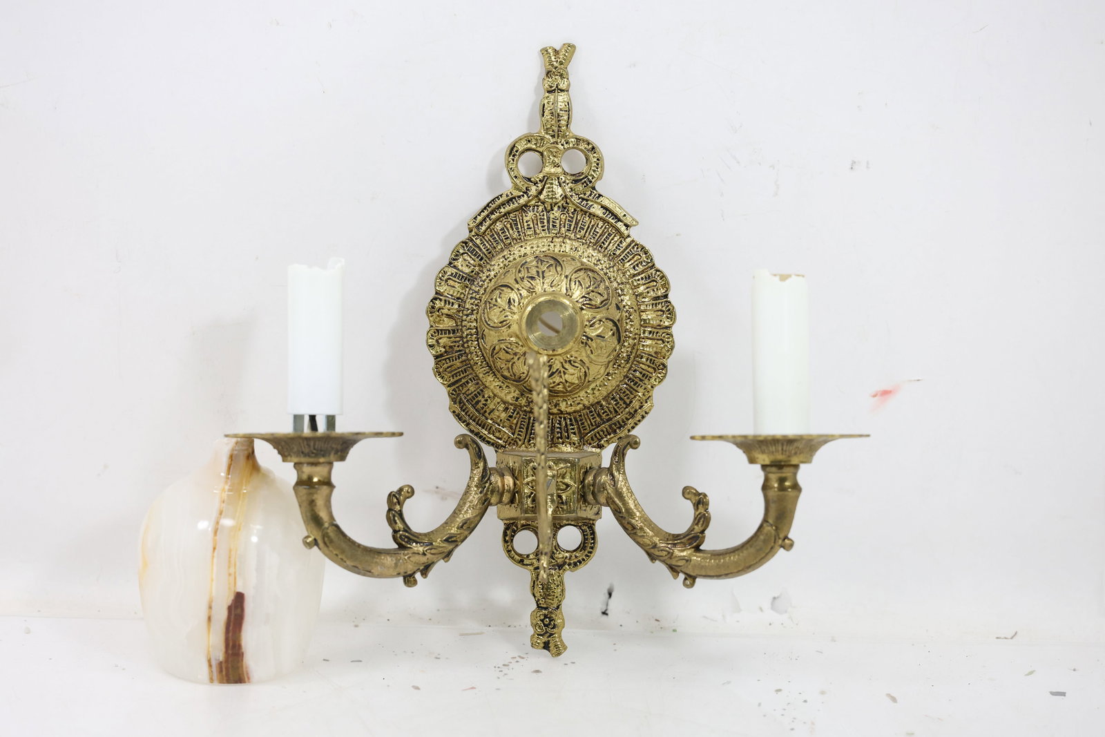 Pair French Cast Brass 2-Light Electric Wall Sconces with Satin Glass Shades 10 in. x 10 in. (1 of 16)