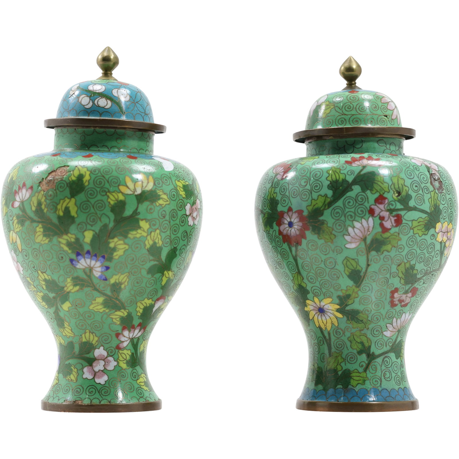 2 Cloisonne Urns with Covers, Intricate Floral Design, 9 in. height x 5 in. wide: 2 Cloisonne Urns with Covers, Intricate Floral Design, 9 in. height x 5 in. wide. Size: 9 x 5 Shelf: C
