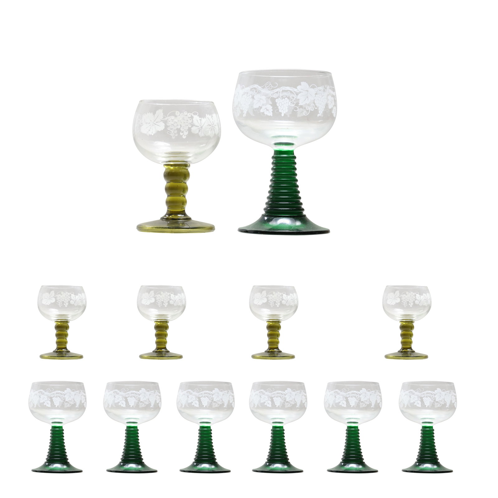 10 Crystal and Green Zweisel German Cocktail Glasses in 2 sets - Set of 4 and a Set of 6 (1 of 14)