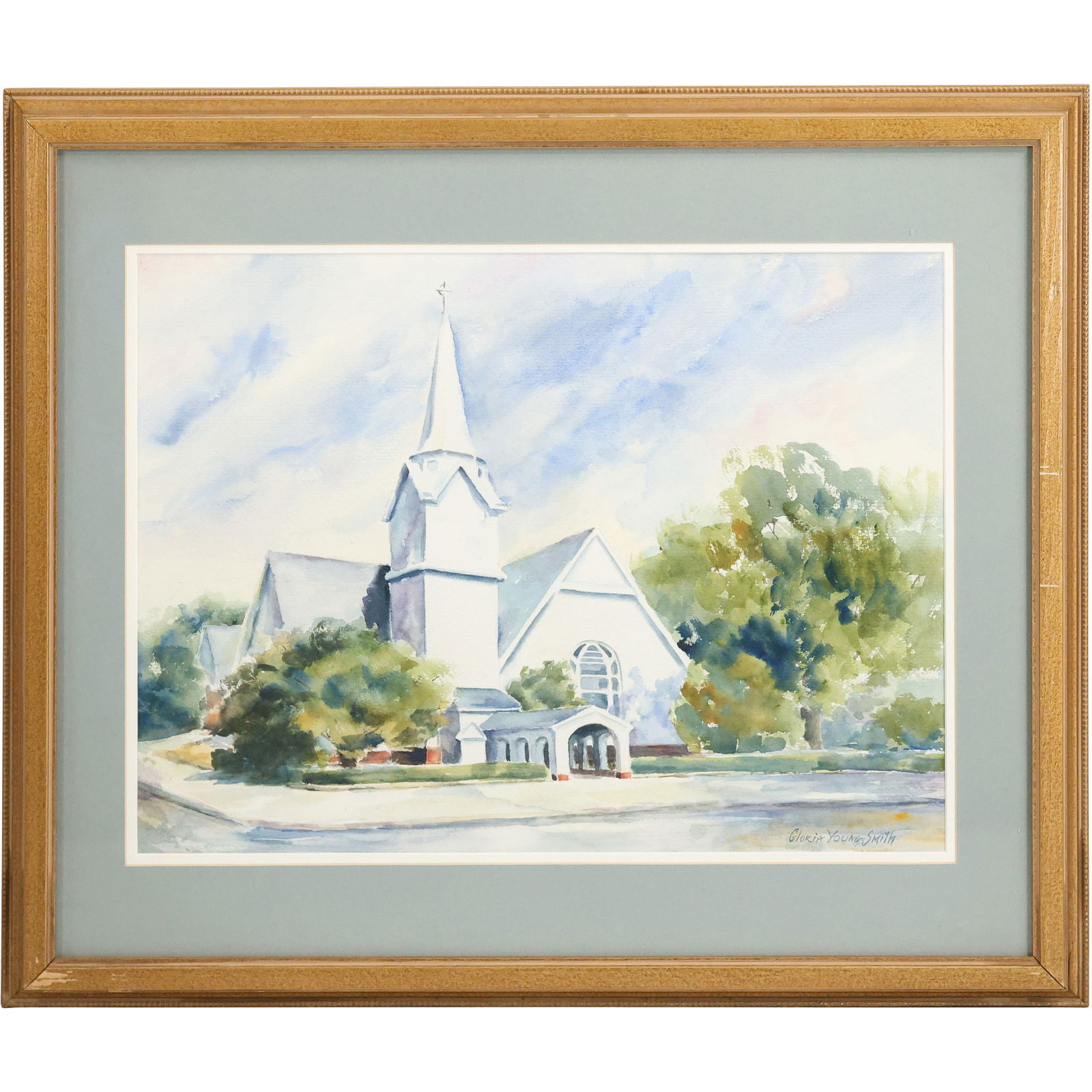 Gloria Young Smith, Watercolor Painting, New England White Steeple Church, Framed (1 of 12)
