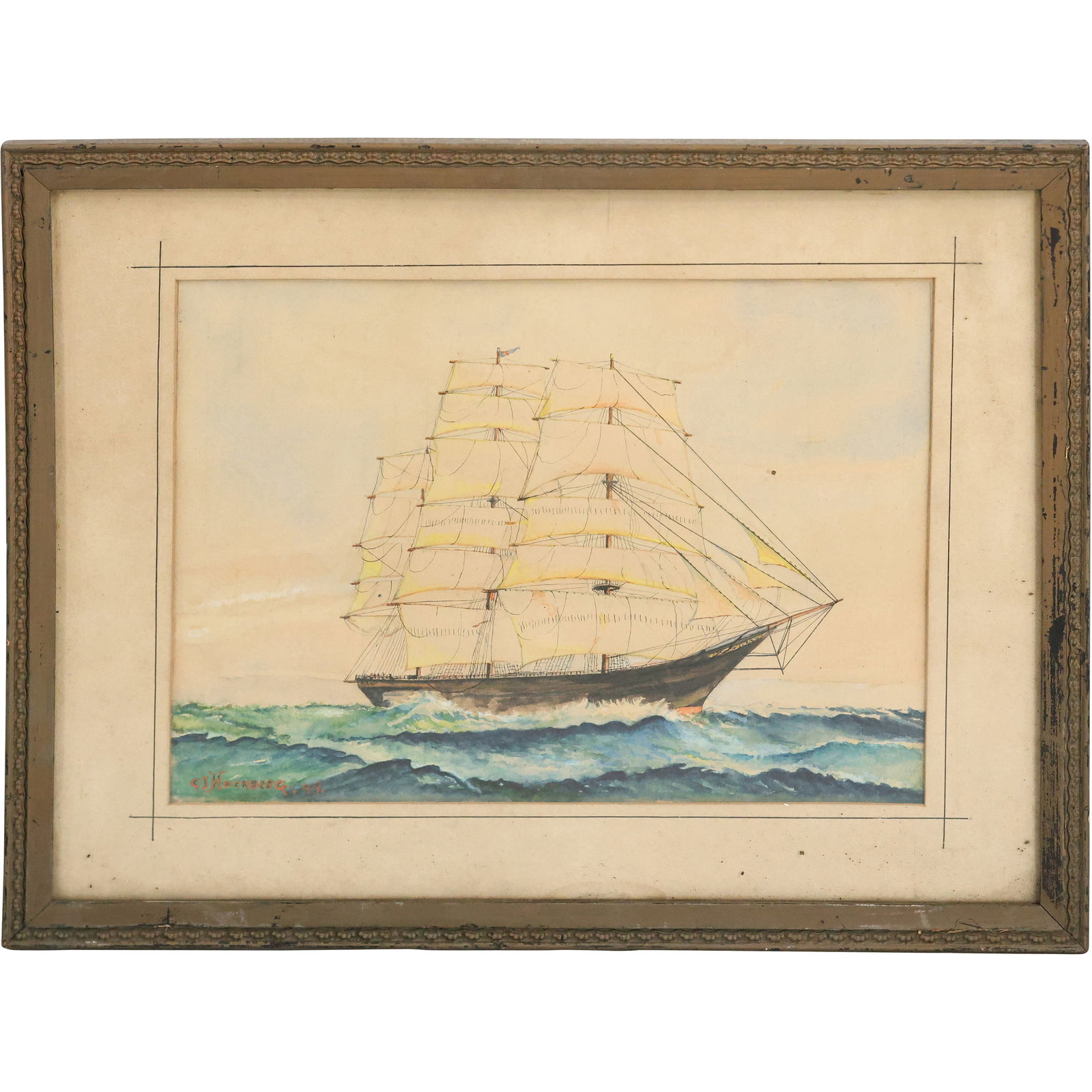 C J Hochberg 1949, Nautical Watercolor Painting, Full Sail Clipper Ship (1 of 13)