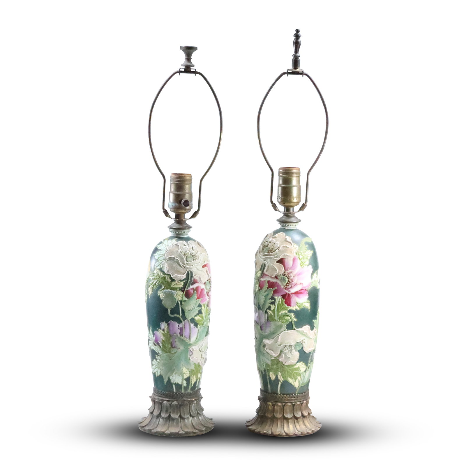 Pair Spectacular Nippon Moriage Amphora Floral Porcelain Table Lamps: Pair Spectacular Nippon Moriage Amphora Floral Porcelain Table Lamps 21.75 in. overall height. size: (21.75 x 4.5), (22.75 x 4.5)