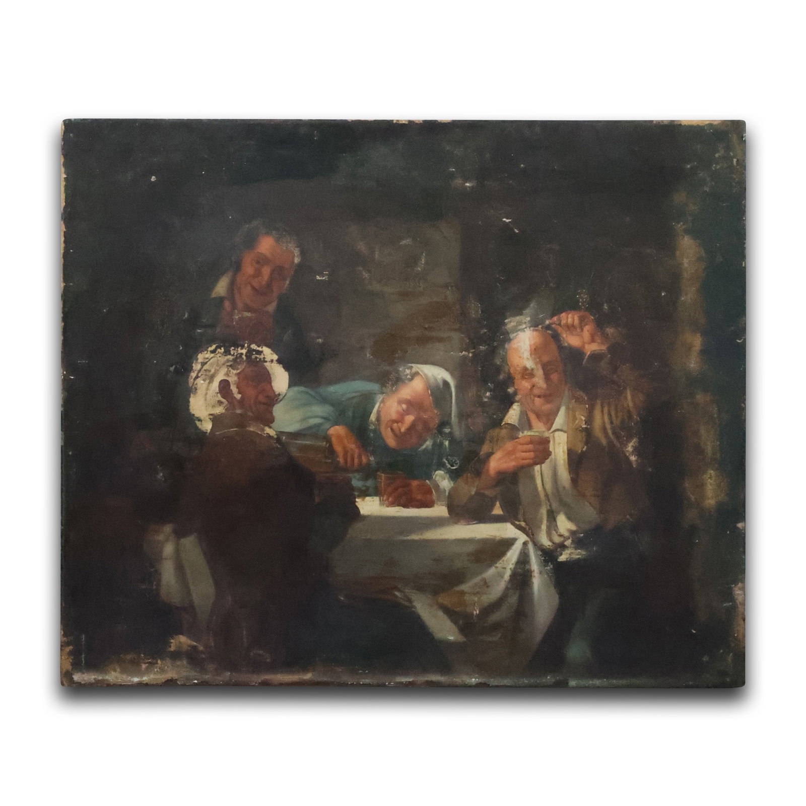 Antique Oil Painting: Social Gathering Scene: This intriguing antique painting, estimated to be over 100 years old, captures a lively social gathering scene, featuring four figures engaged in jovial conversation around a table. The composition, w