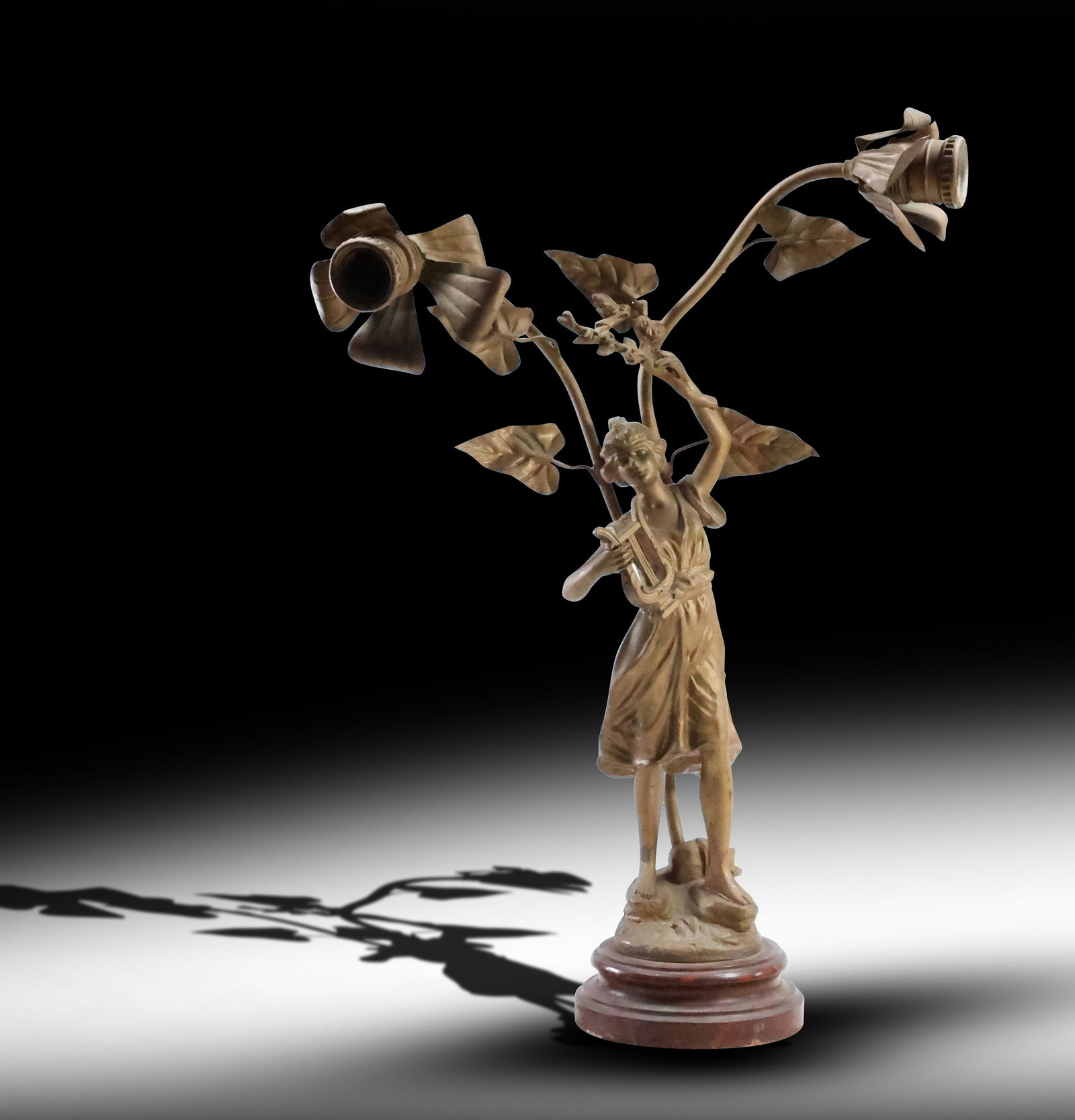 Antique 2-Light Art Nouveau Woman Cast Metal Spelter Figural Newel Post Lamp (1 of 20)