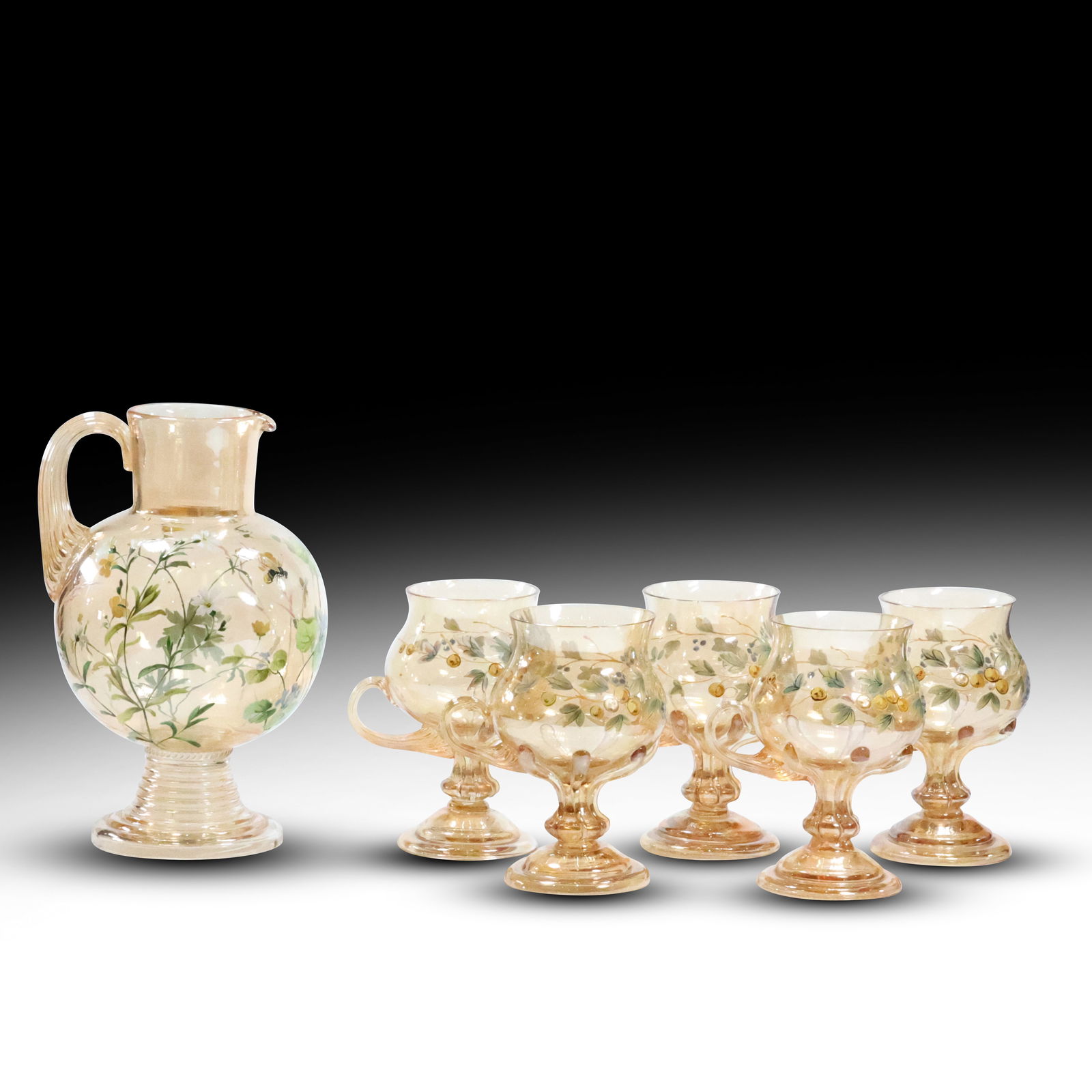6-Piece Victorian Elegant Glass Pitcher with 5 Goblets Hand Painted Berries, Grapes, Insect (1 of 20)