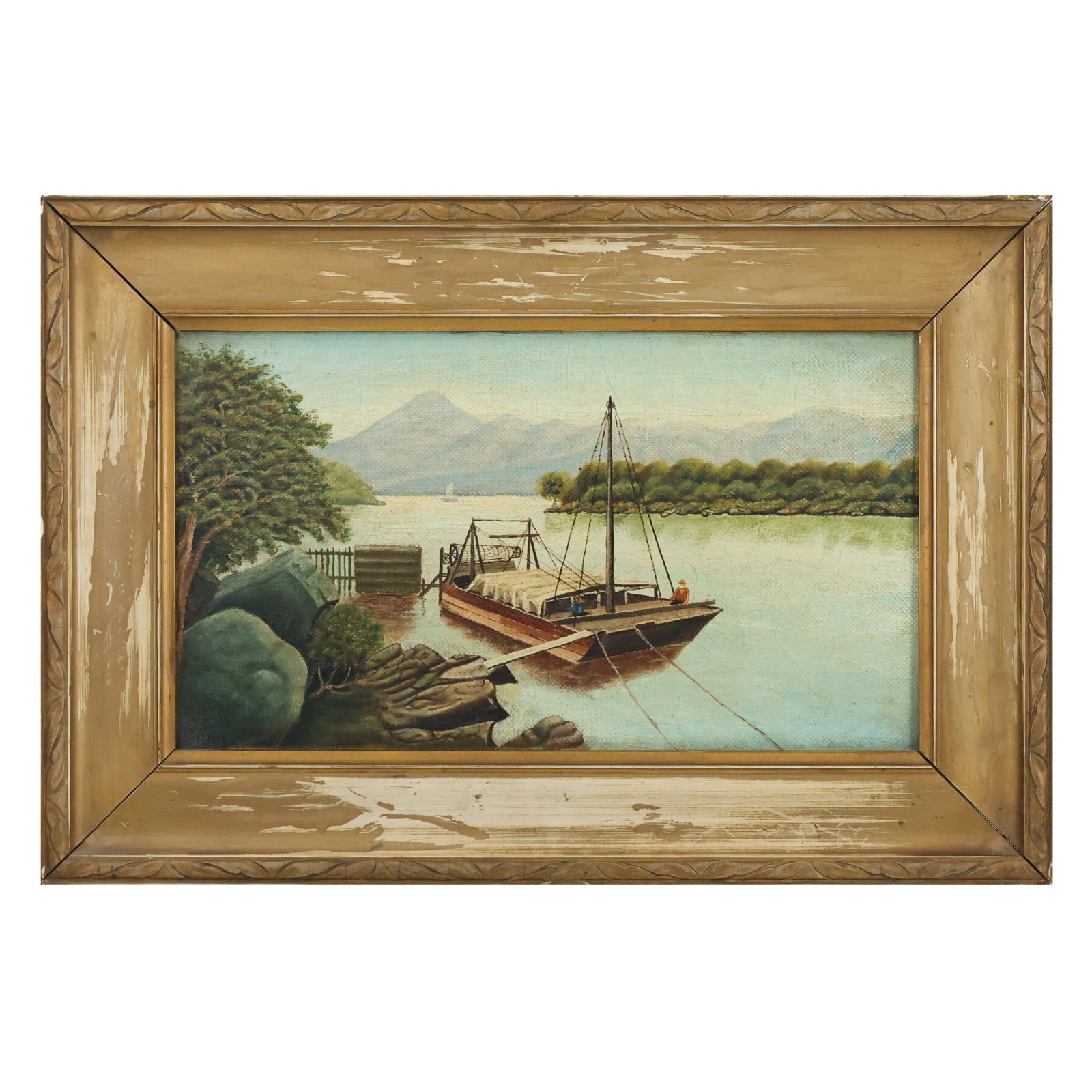 Signed J T 1914, Oil on Canvas Painting Scow Boat on the Hudson River, Framed: Signed J T 1914, Oil on Canvas Painting Scow Boat on the Hudson River, Framed, image size 8 in. x 14 in. **Important Pick-Up Information: Lots 1-100 are located at our Auction Gallery at 174 Glasco Tu