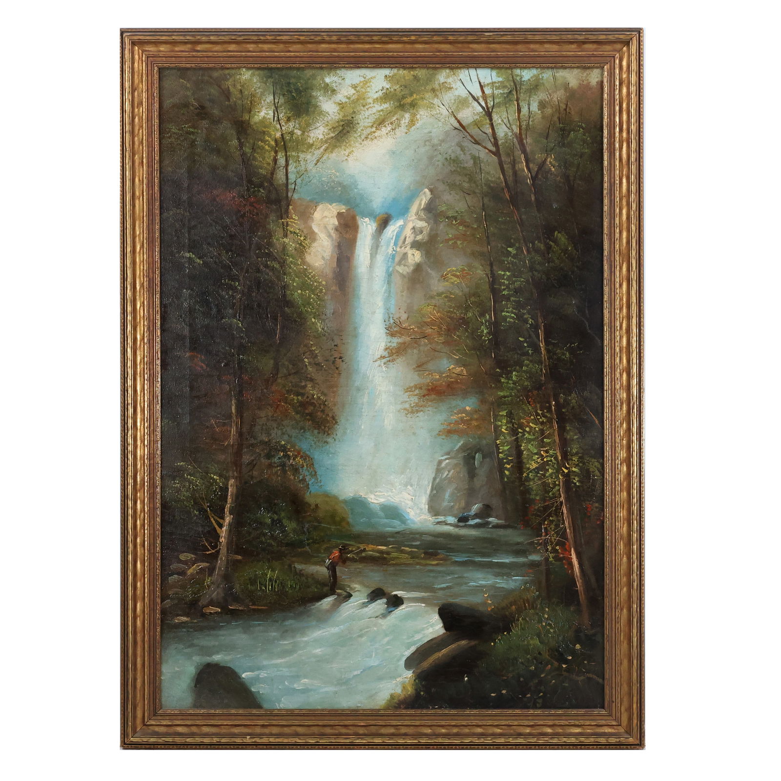 19th C. Oil on Canvas Painting, American School, Fishing at an Enchantress Waterfall, Restored (1 of 11)