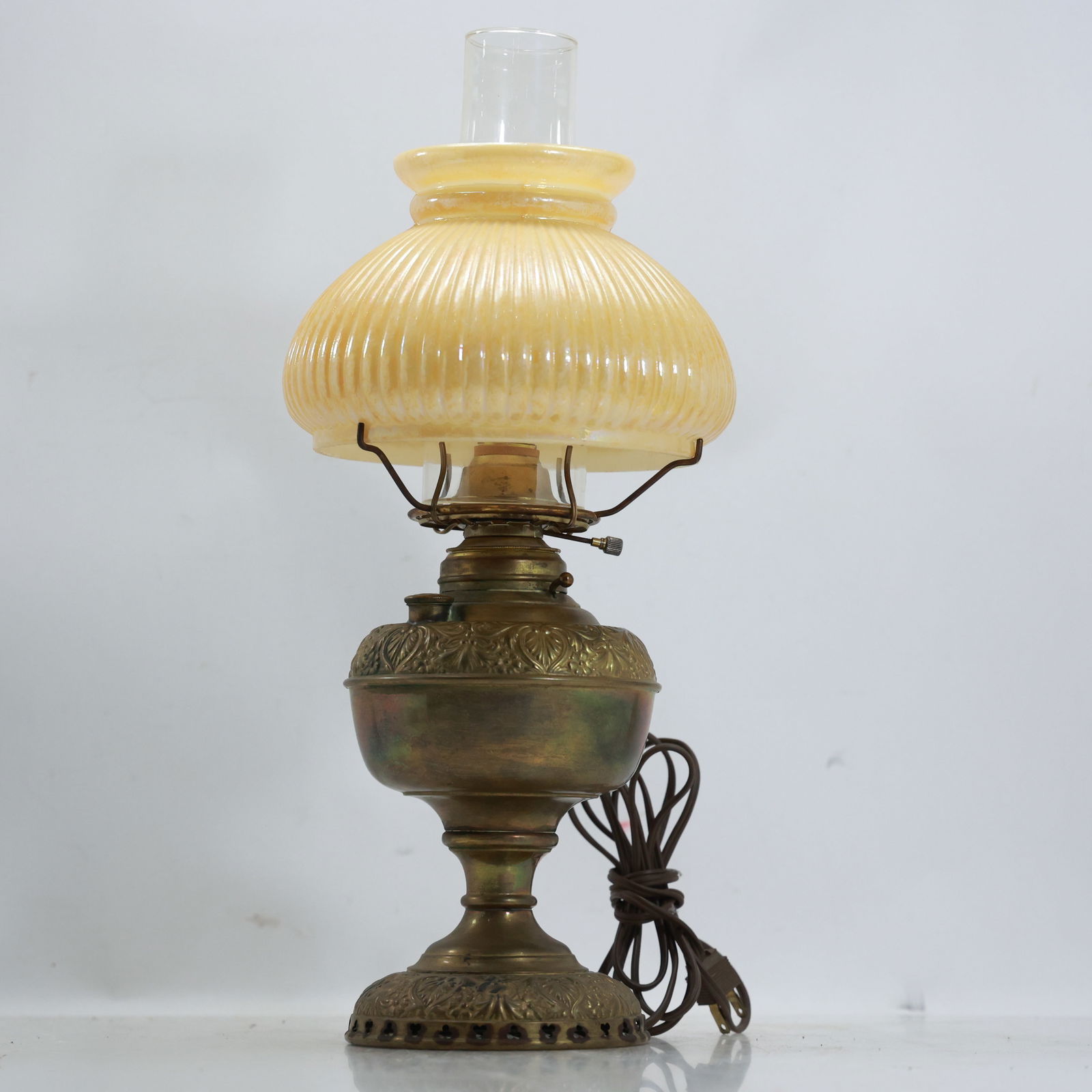 Brass Electrified "Juno" Hurricane Lamp Yellow Glass Shade 18 in. height (1 of 11)