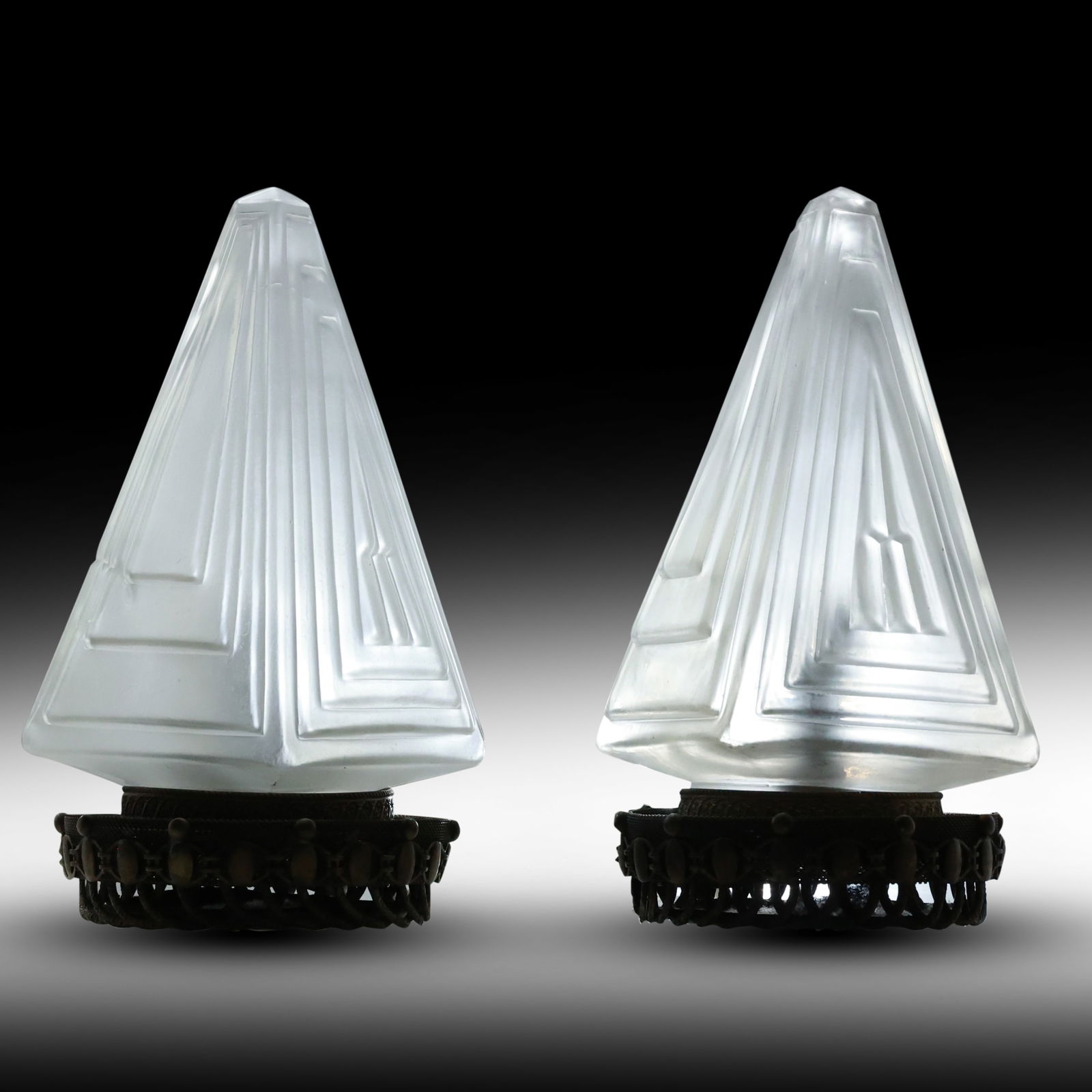 Pair French Art Deco Satin Glass Pyramid Style Boudoir Lamps 9 in. height (1 of 9)