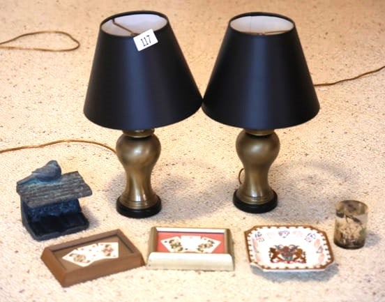7 Piece Misc Estate Grouping: Pair Lamps, 2 Framed Playing Cards, Porcelain Dish, Etc (1 of 9)