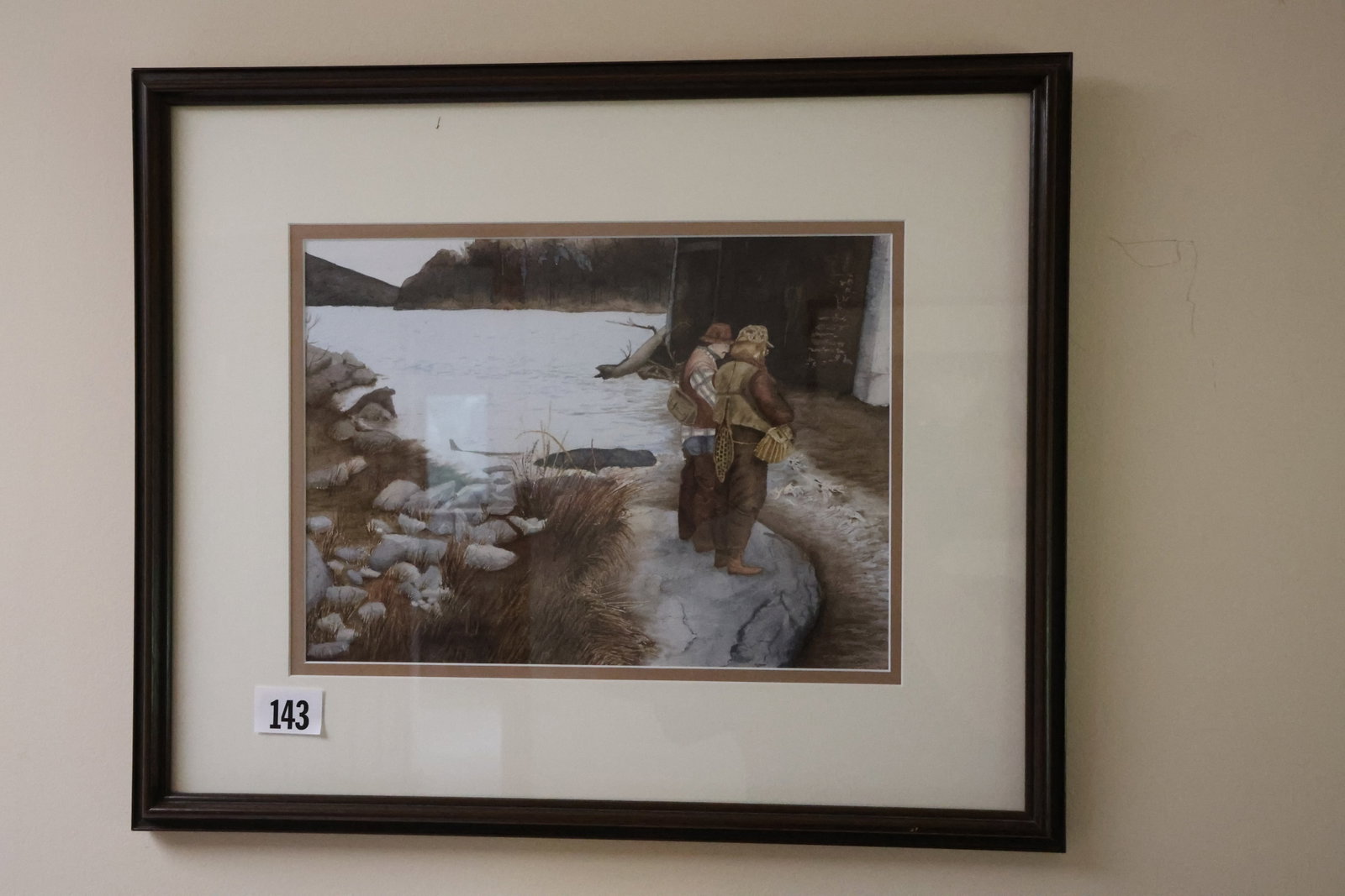 Framed Watercolor Fishermen Trout Fishing on Stream: Framed Watercolor Fishermen Trout Fishing on Stream. image 9.25 in. x 12.5 in. , outer frame 17 in. x 20 in. **Important Pick-Up Information: Lots 1-100 are located at our Auction Gallery at 174 Glasc