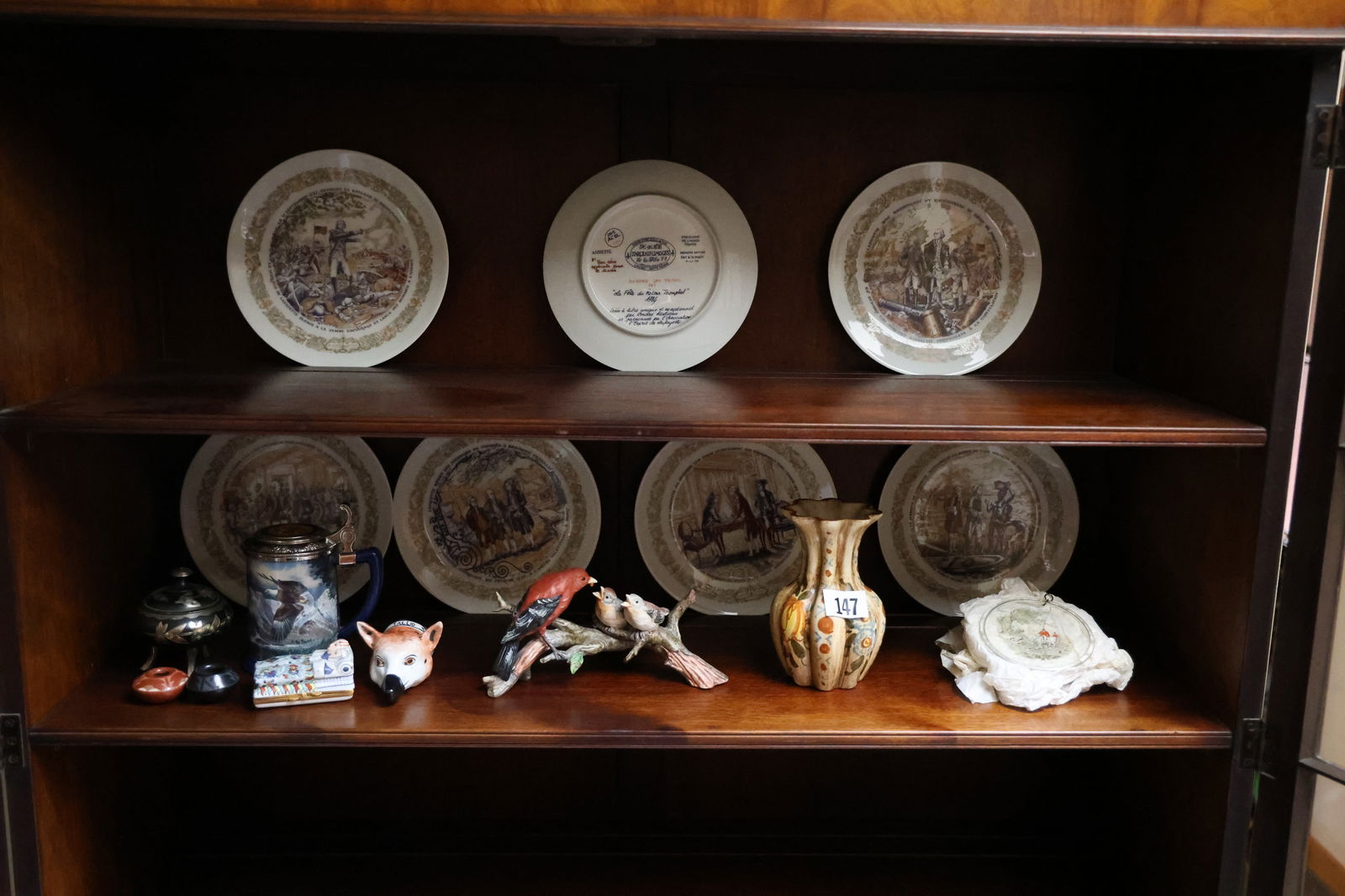 2 Shelves of Collectables: Limoges Historical Scenic Cabinet Plates, Fox Head, Stein, etc. (1 of 17)