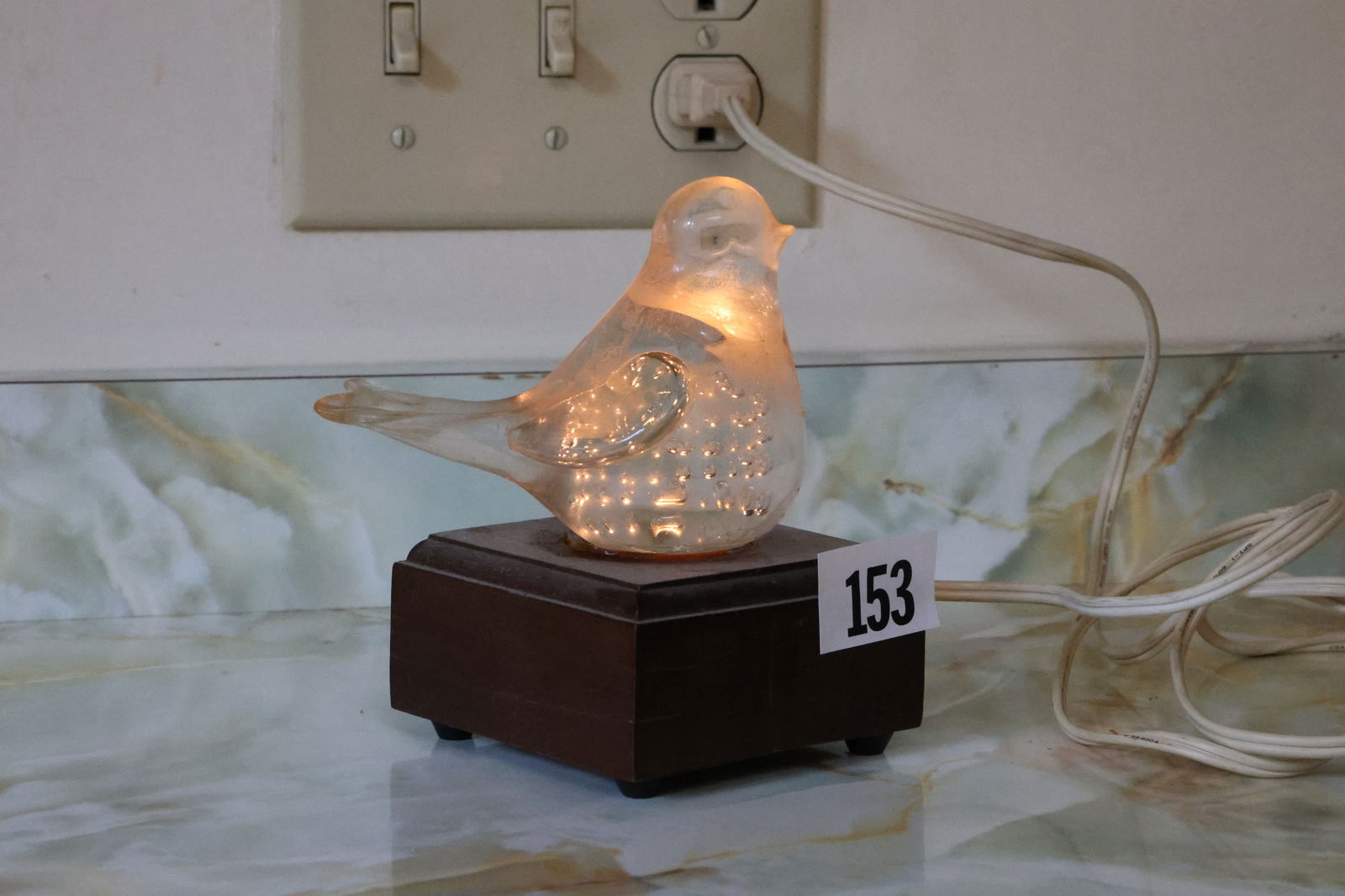 Vintage Hand Blown Glass Bird Light with Internal Controlled Bubbles, Wood Base (1 of 8)