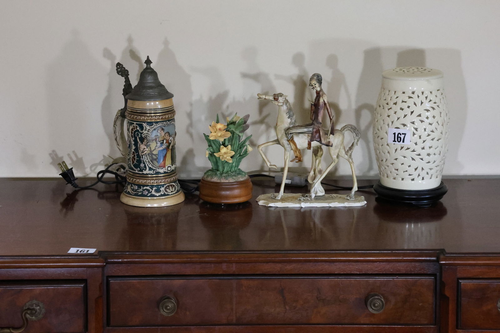 4 Assorted: Stein, Porcelain Flower, Ceramic Man on Horse, White Reticulated Ceramic Lamp (1 of 9)