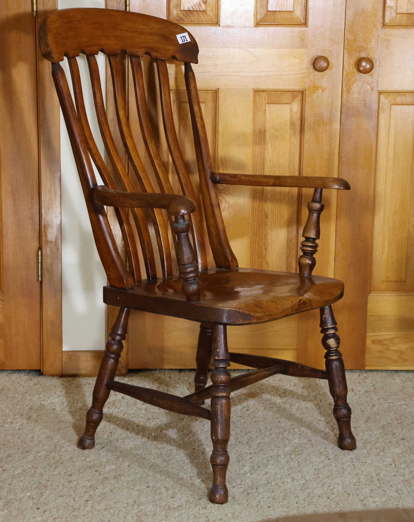 Cherry Wood Curved Slat Back Arm Chair 42 in. height x 25.5 in. wide: Cherry Wood Curved Slat Back Arm Chair 42 in. height x 25.5 in. wide **Important Pick-Up Information: Lots 1-100 are located at our Auction Gallery at 174 Glasco Turnpike, Saugerties, NY 12477. Pick-u