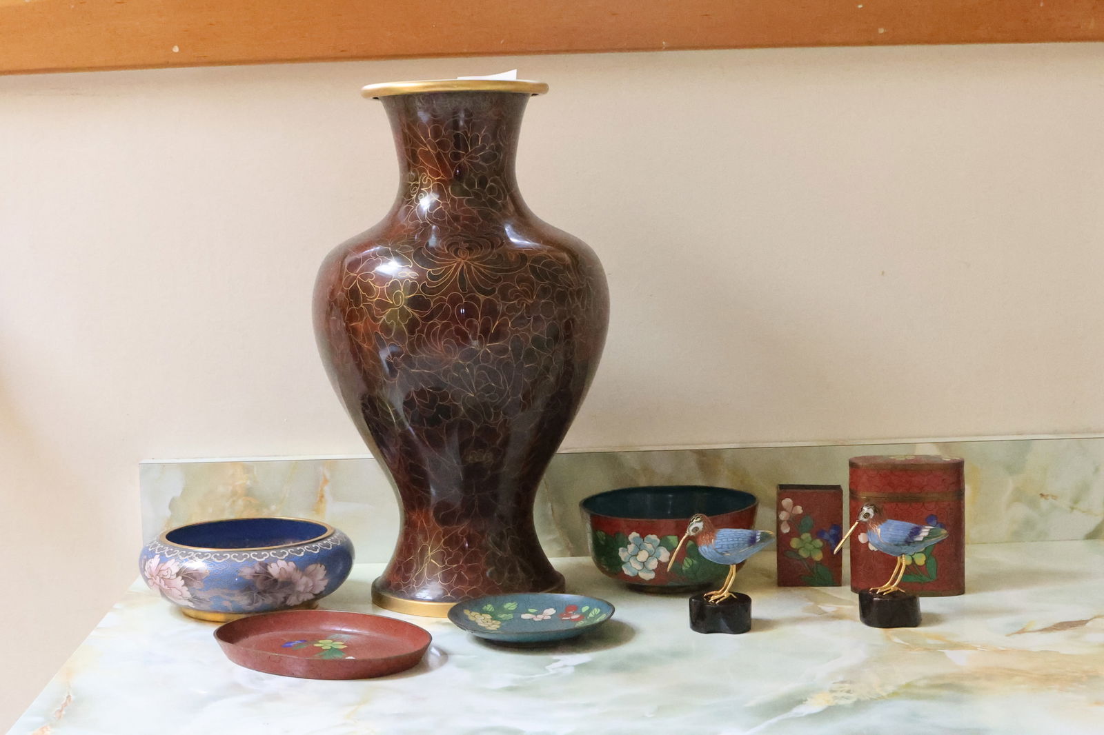 9 Pieces Assorted Cloisonne: Vase, Bowls, Dishes, 2 Birds, Jars (1 of 20)