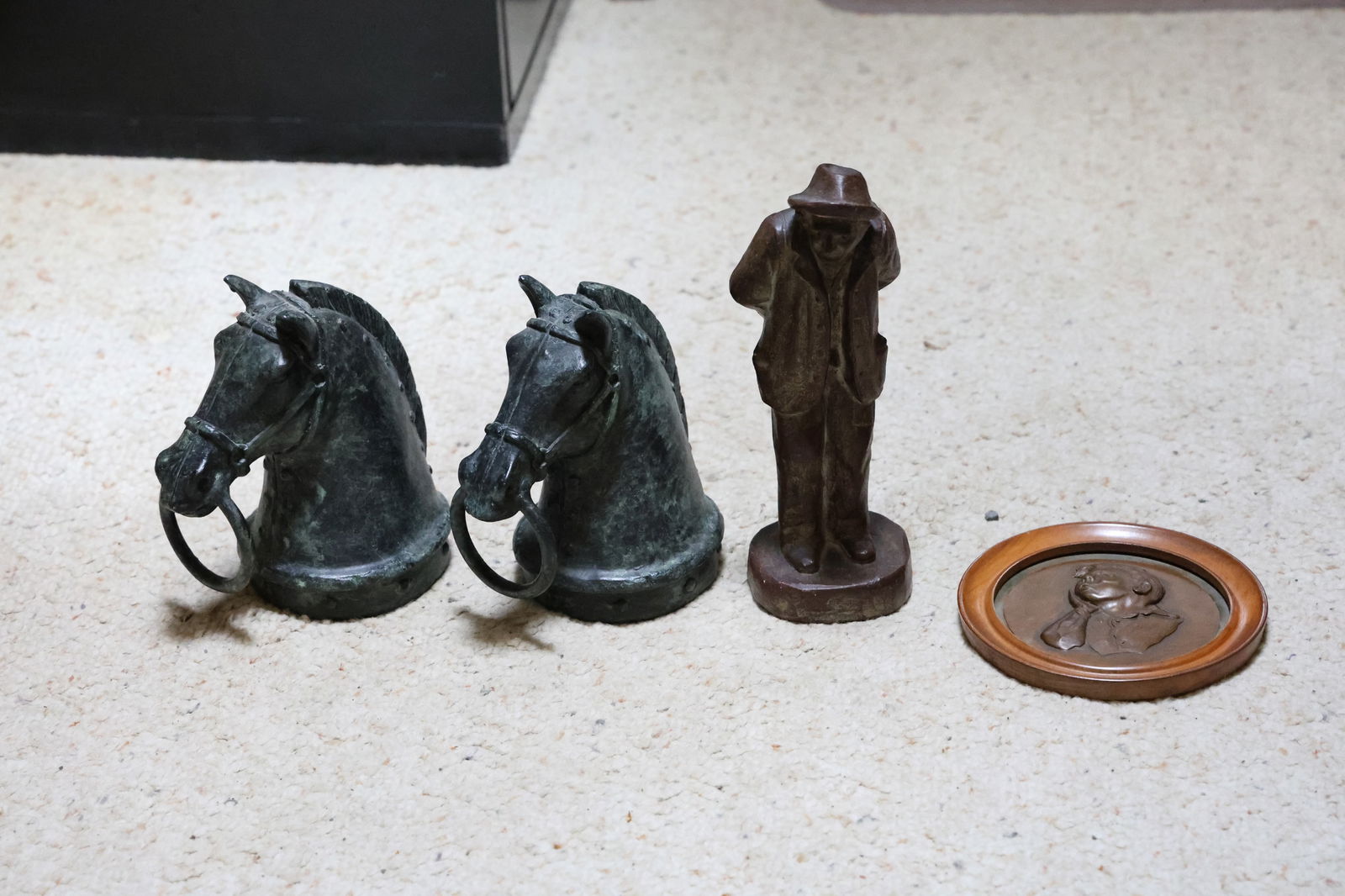 Pair Cast Metal Horse Heads; Wooden Carved Man, Small Round Bronze Plaque (1 of 8)