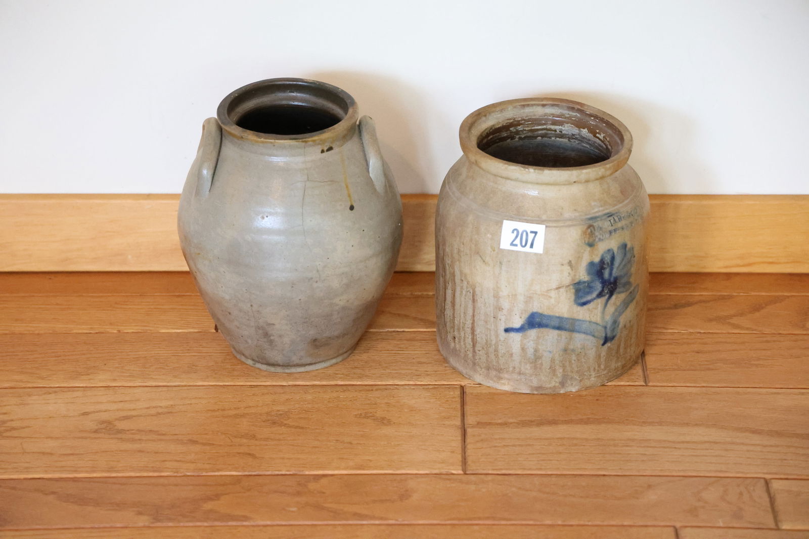 [2] Antique Blue Decorated Stoneware Crock "Poughkeepsie" New York & Ovoid Crock (1 of 9)