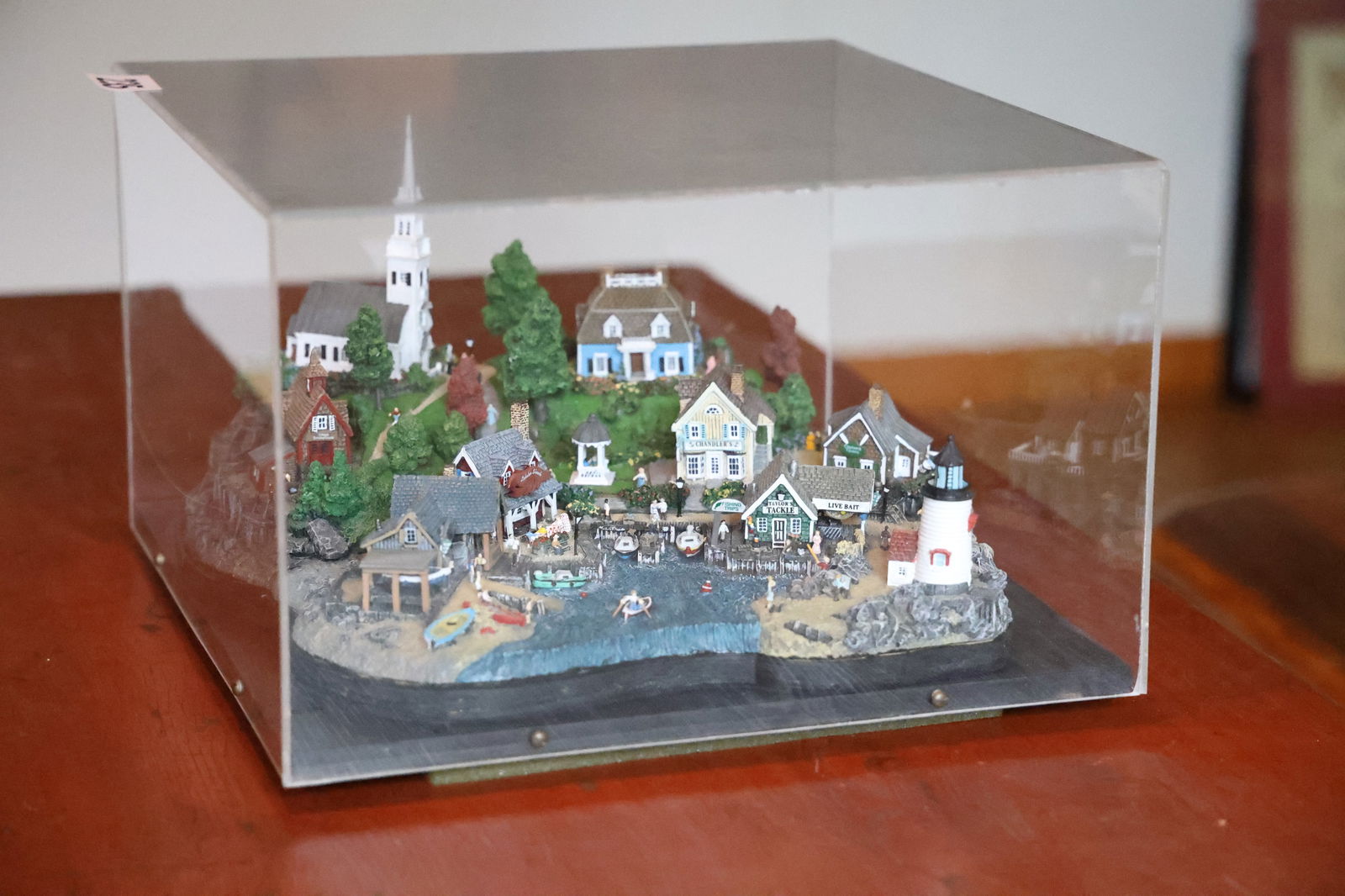 Danbury Mint "Fisherman's Cove" Model under a Lucite Case 8.5 in. height, 13 in. x 13 in. (1 of 16)