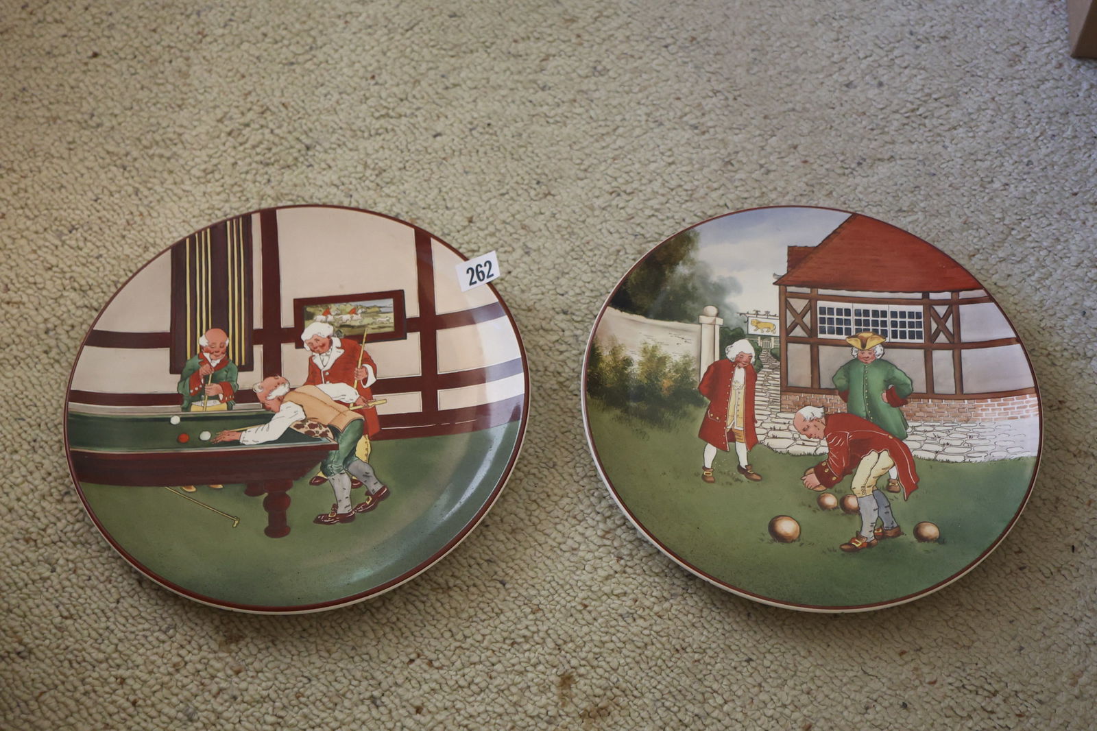 2 Antique Hand Painted Porcelain Chargers "Billards" and " Bocce Ball", 15 in. diameter (1 of 5)