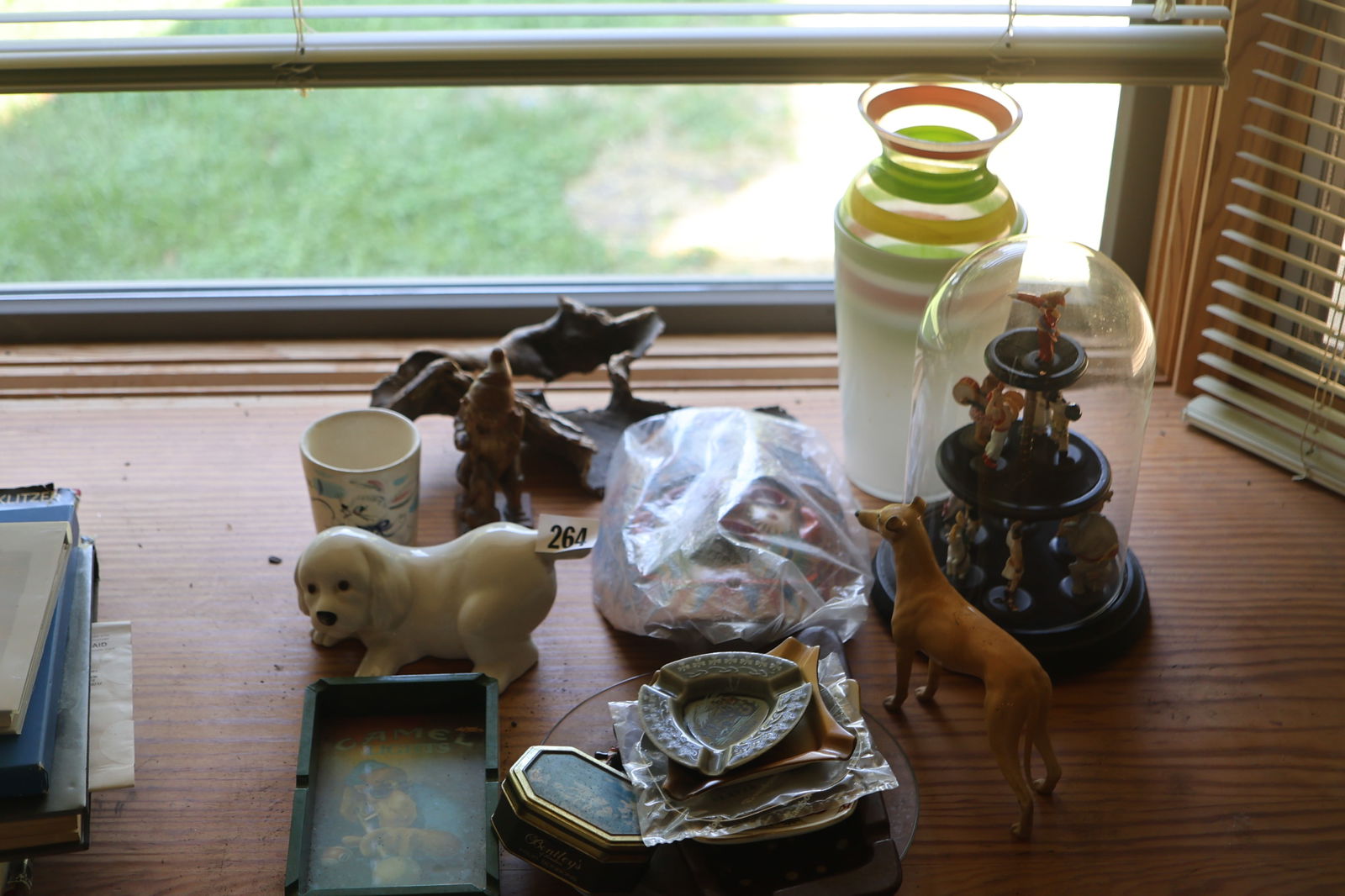 Assorted Grouping of Estate Collectables: Vase, Dog Figurine, Mask, Wood Item under Glass Dome (1 of 5)