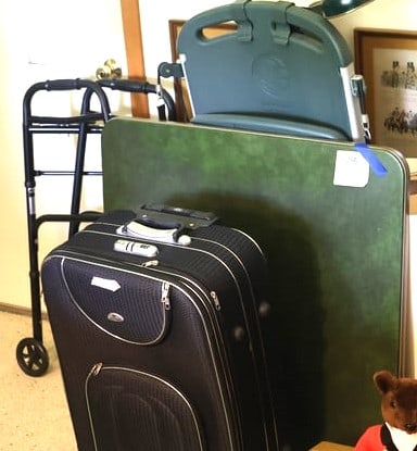 Assorted Grouping of Misc. Household including Suitcase, Card Table, Baskets, Ships Plates, etc. (1 of 4)