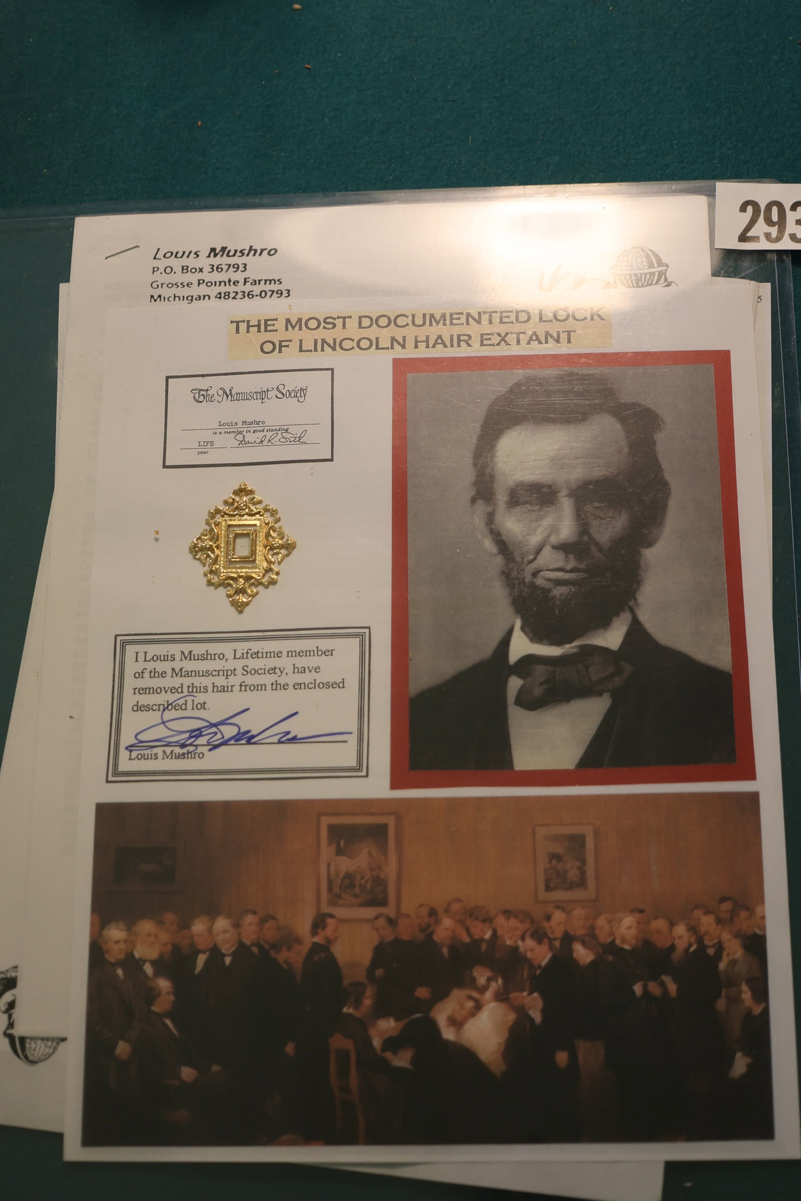 Abraham Lincoln Hair Lock, From The Louis Mushro Collection, with COA: Abraham Lincoln Hair Lock, From The Louis Mushro Collection, with COA. 13 in. x 9 in. **Important Pick-Up Information: Lots 1-100 are located at our Auction Gallery at 174 Glasco Turnpike, Saugerties,