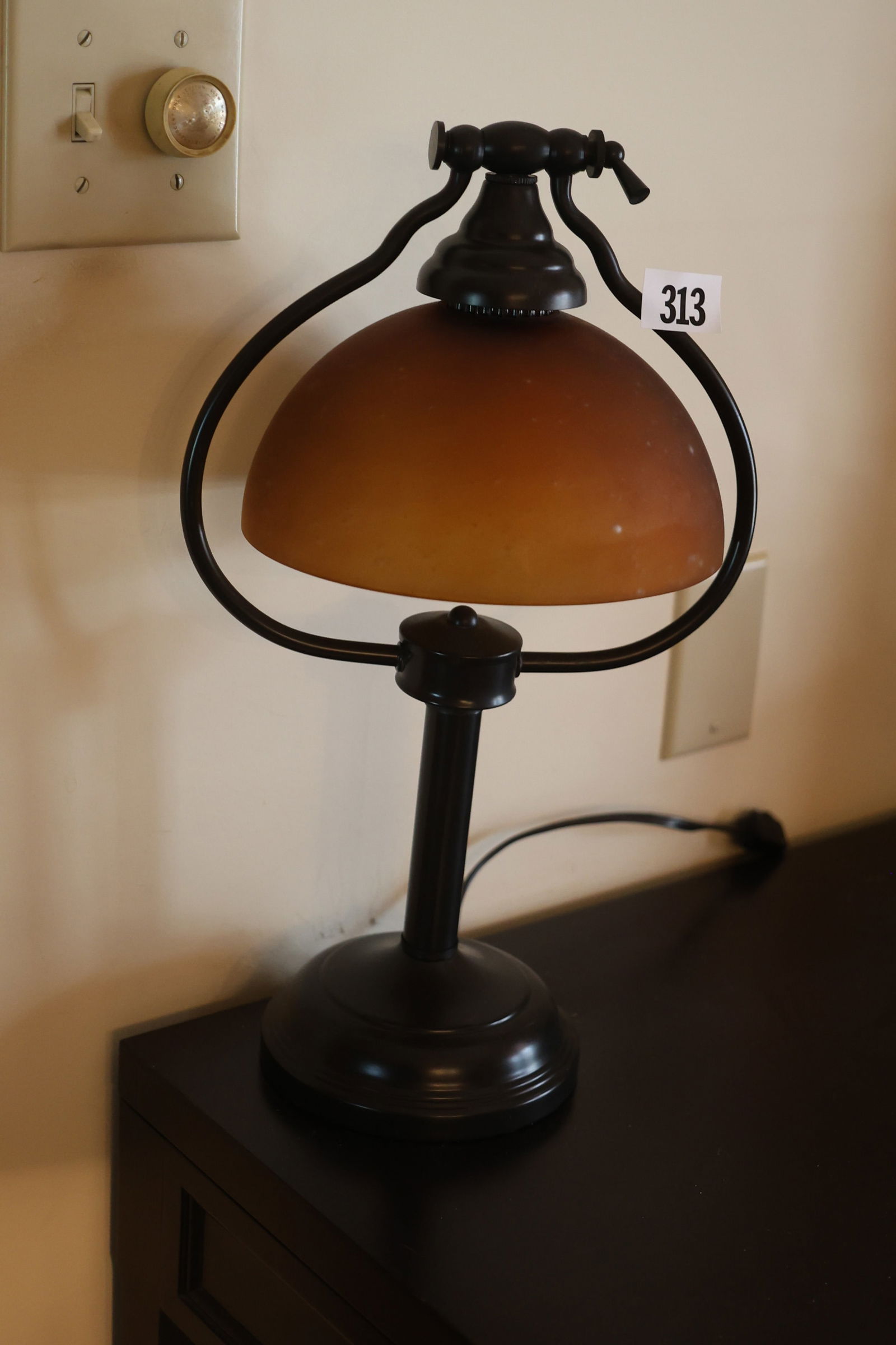 Contemporary Metal Harp Lamp with Amber Glass Shade 18 in. height x 9.5 in. wide: Contemporary Metal Harp Lamp with Amber Glass Shade 18 in. height x 9.5 in. wide **Important Pick-Up Information: Lots 1-100 are located at our Auction Gallery at 174 Glasco Turnpike, Saugerties, NY 1