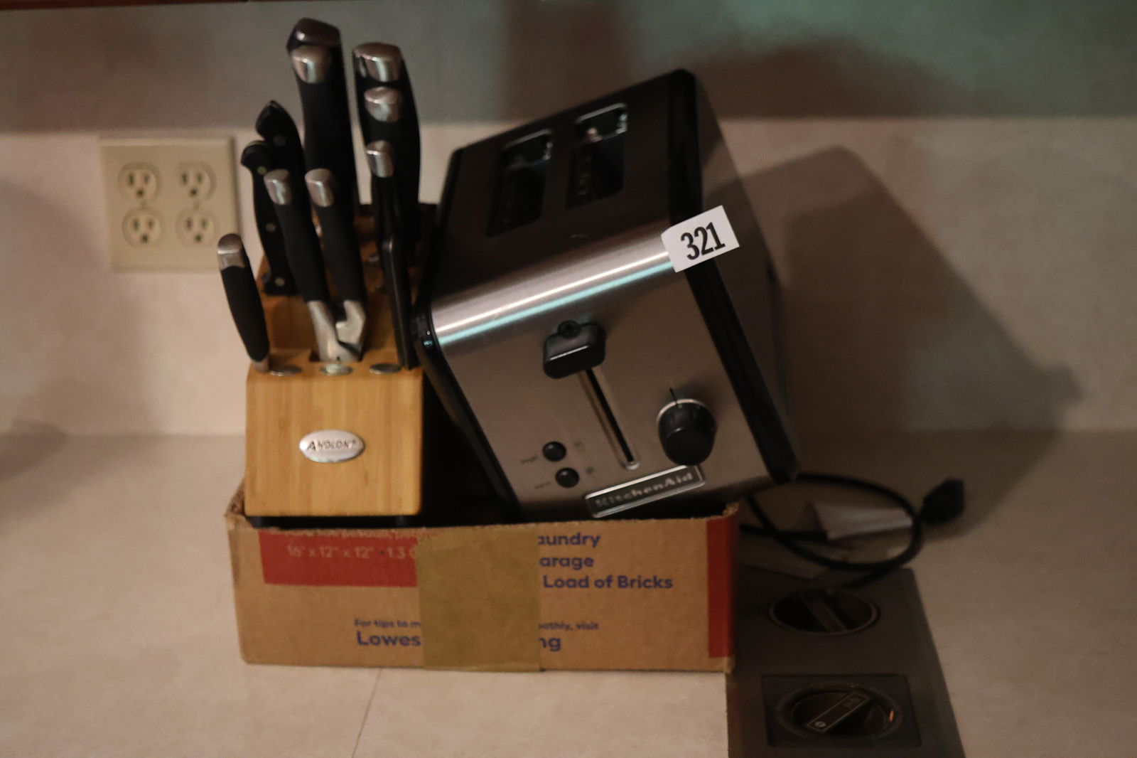 Microwave, Toaster, Knife Set and contents of 2 lower cabinet drawers (1 of 4)