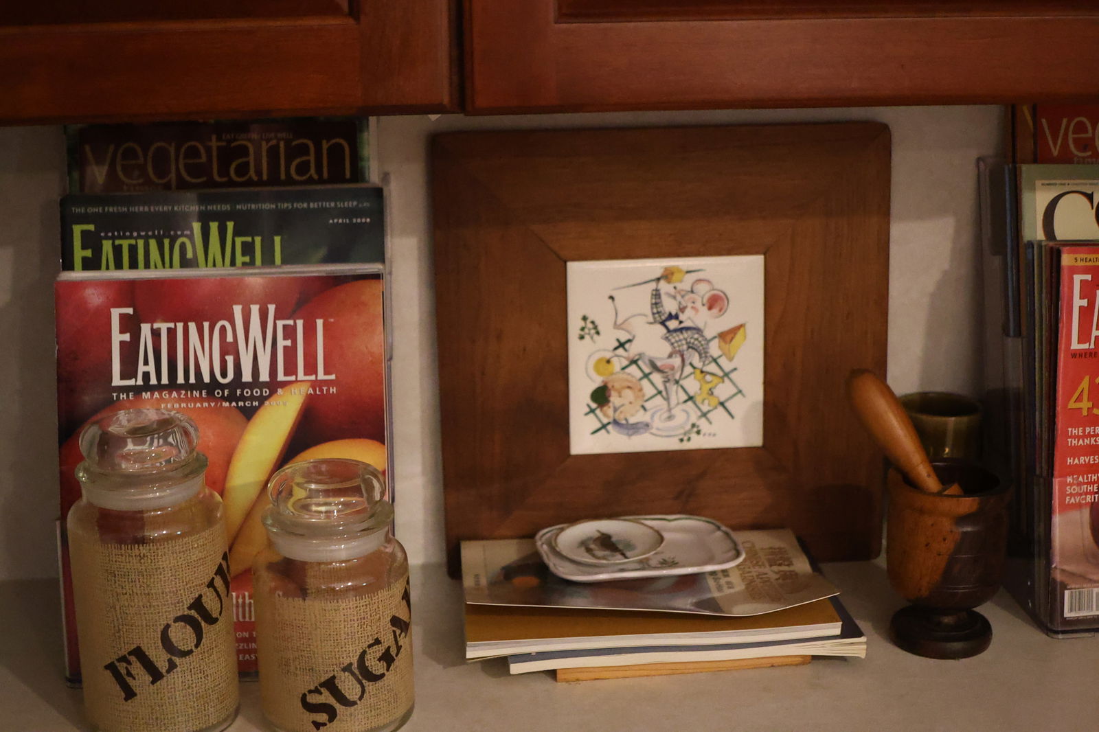 Assorted Cook Books, Jars, Pig Cookie Jar, Wood Mortal & Pedestal (1 of 4)