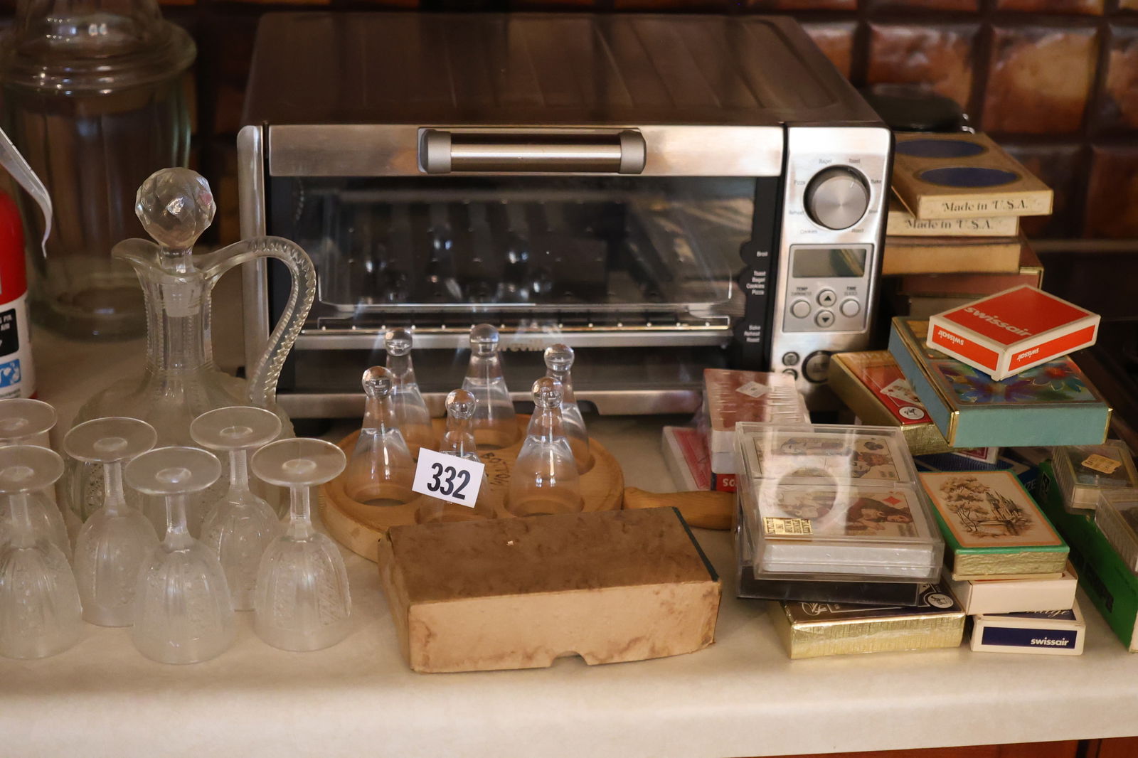 Group Lot Misc.: Crystal Glass Liquor Decanter with Glasses, Playing Cards, Toaster Over, Etc (1 of 4)