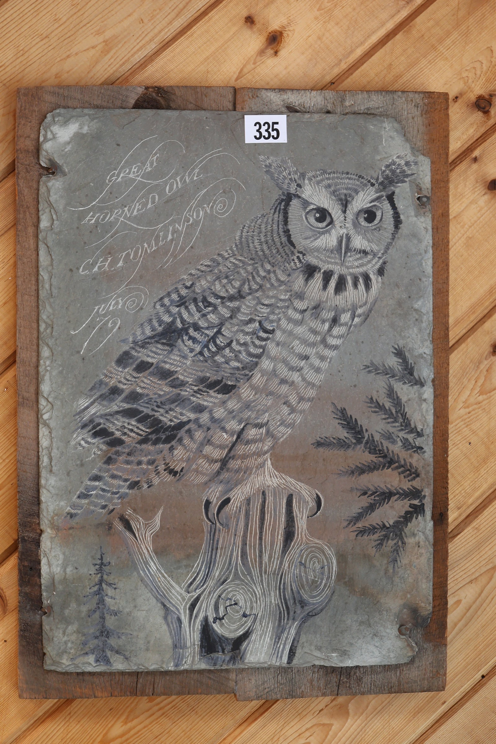 Horned Owl Art on Slate Panel 22 in. x 16 in.: Horned Owl Art on Slate Panel 22 in. x 16 in. **Important Pick-Up Information: Lots 1-100 are located at our Auction Gallery at 174 Glasco Turnpike, Saugerties, NY 12477. Pick-up for these items will 
